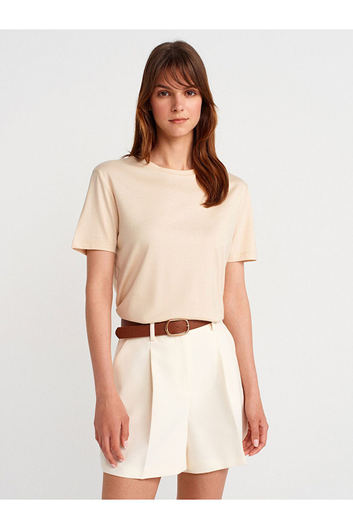 Dilvin Kadın Basic Taş Rengi Bisiklet Yaka T-shirt - 31791