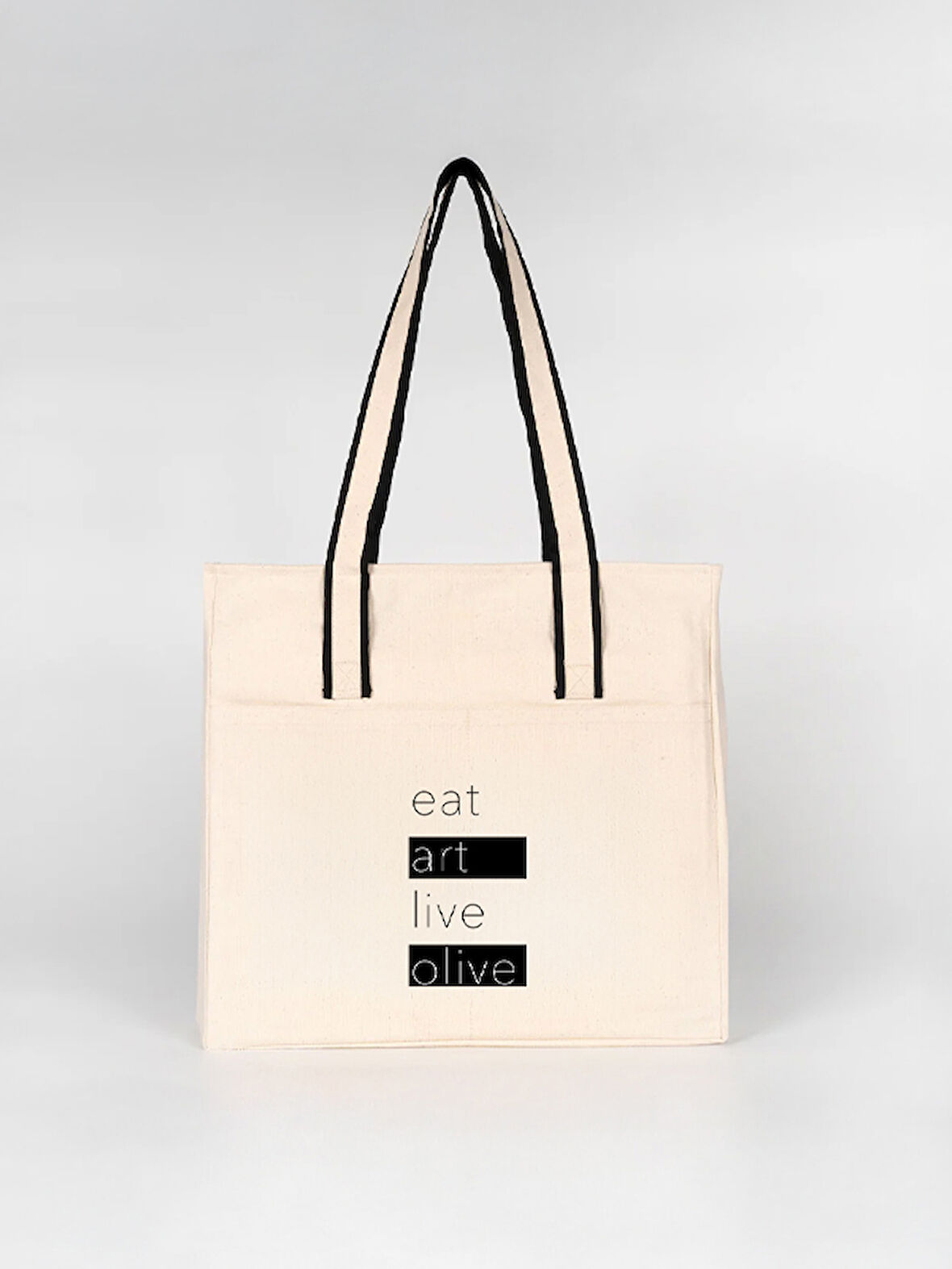 Eat Art Live Olive - Siyah Çizgili Kulplu Ön Cepli Lux Kanvas Çanta