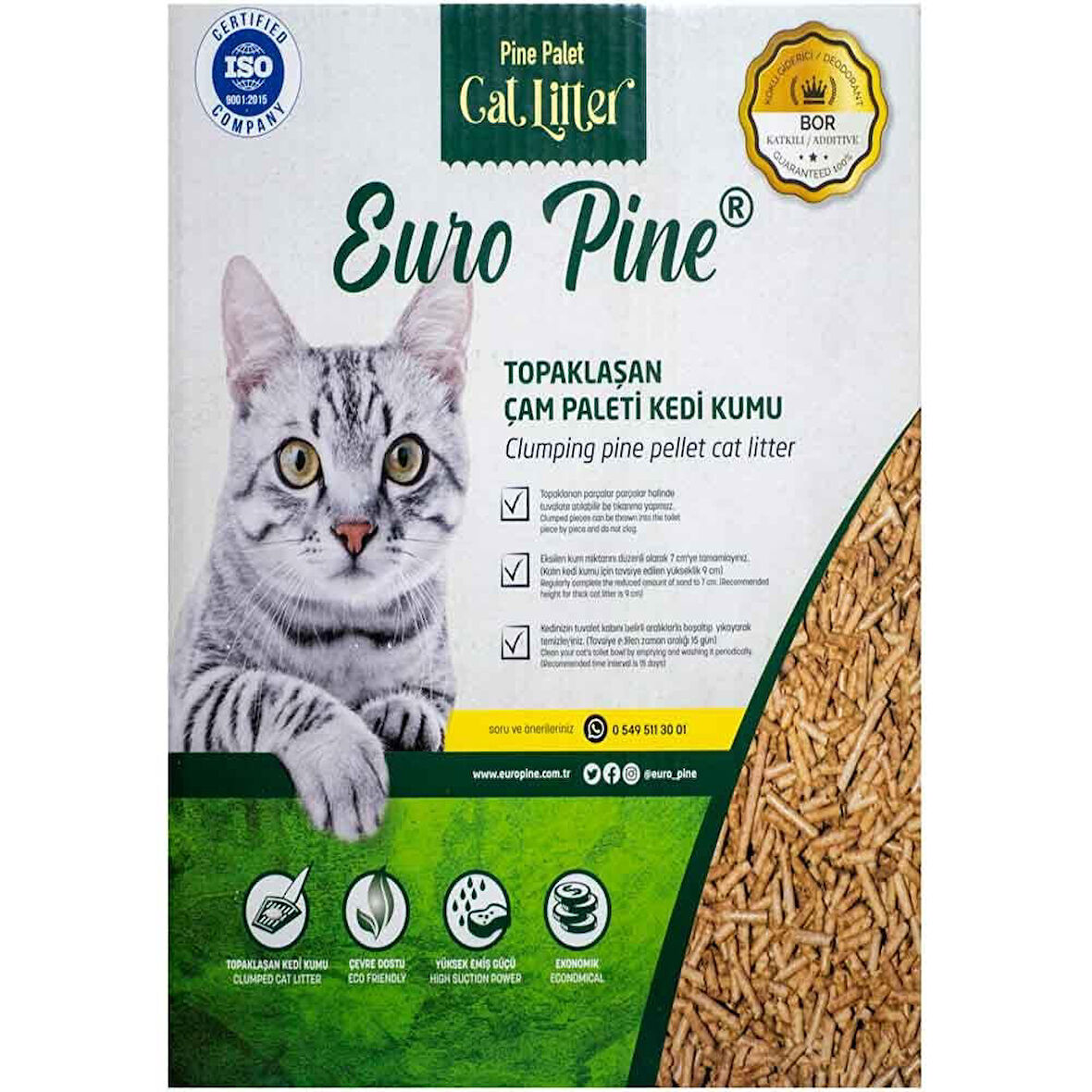 Euro Pine Bor Katkılı Kedi Kumu Topaklanan Çam Pelleti 10 Lt