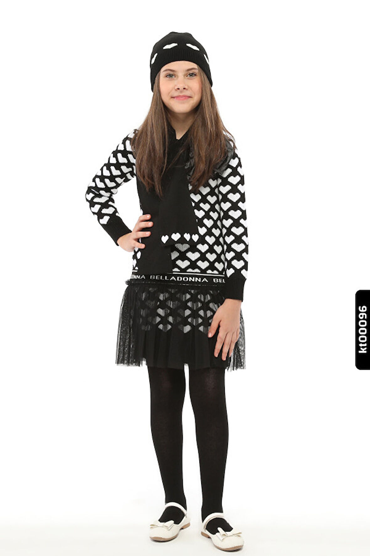 Atkı,Şapka Ve Dizüstü Çoraplı Kalp Desenli Kız Çocuk Triko Elbise 3-7 Yaş 807