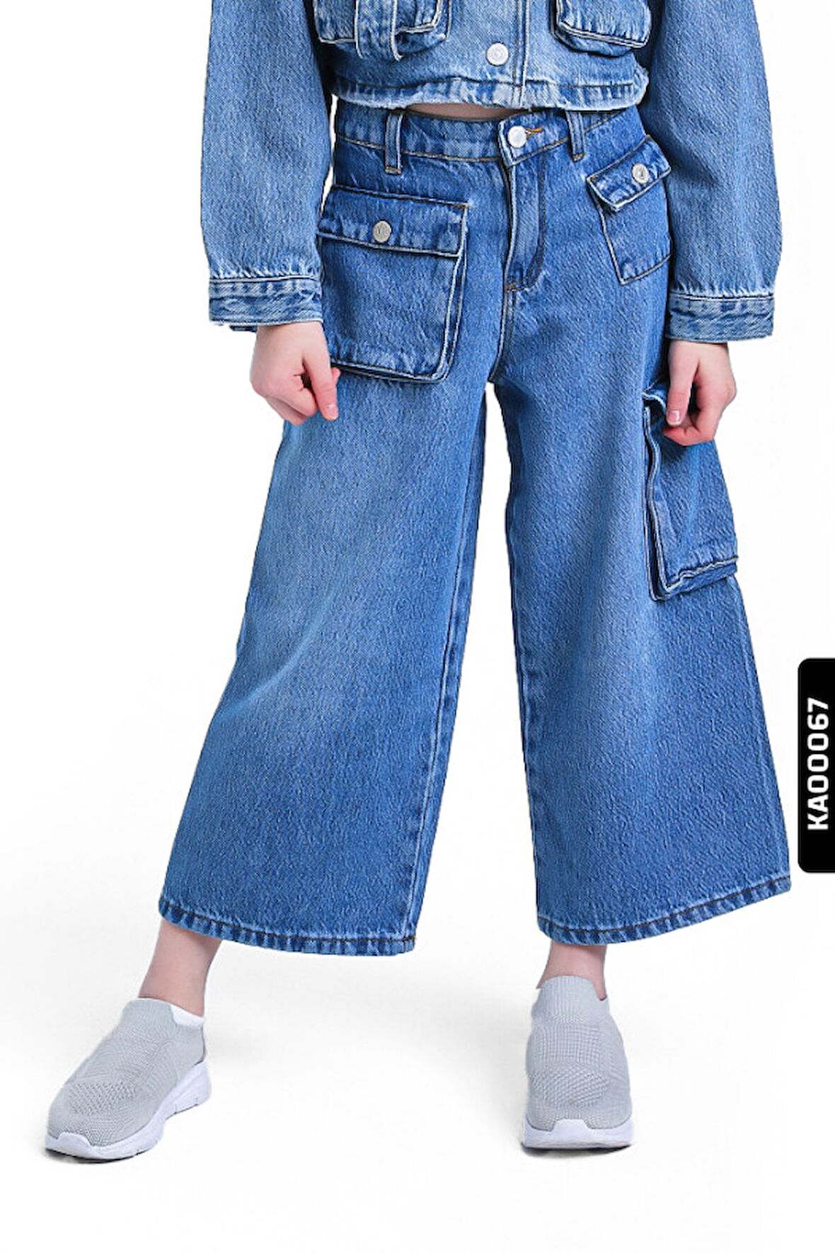 Geniş Paçalı Kargo Cepli Yüksek Belli Kız Çocuk Pantolon 5-14 Yaş 2452