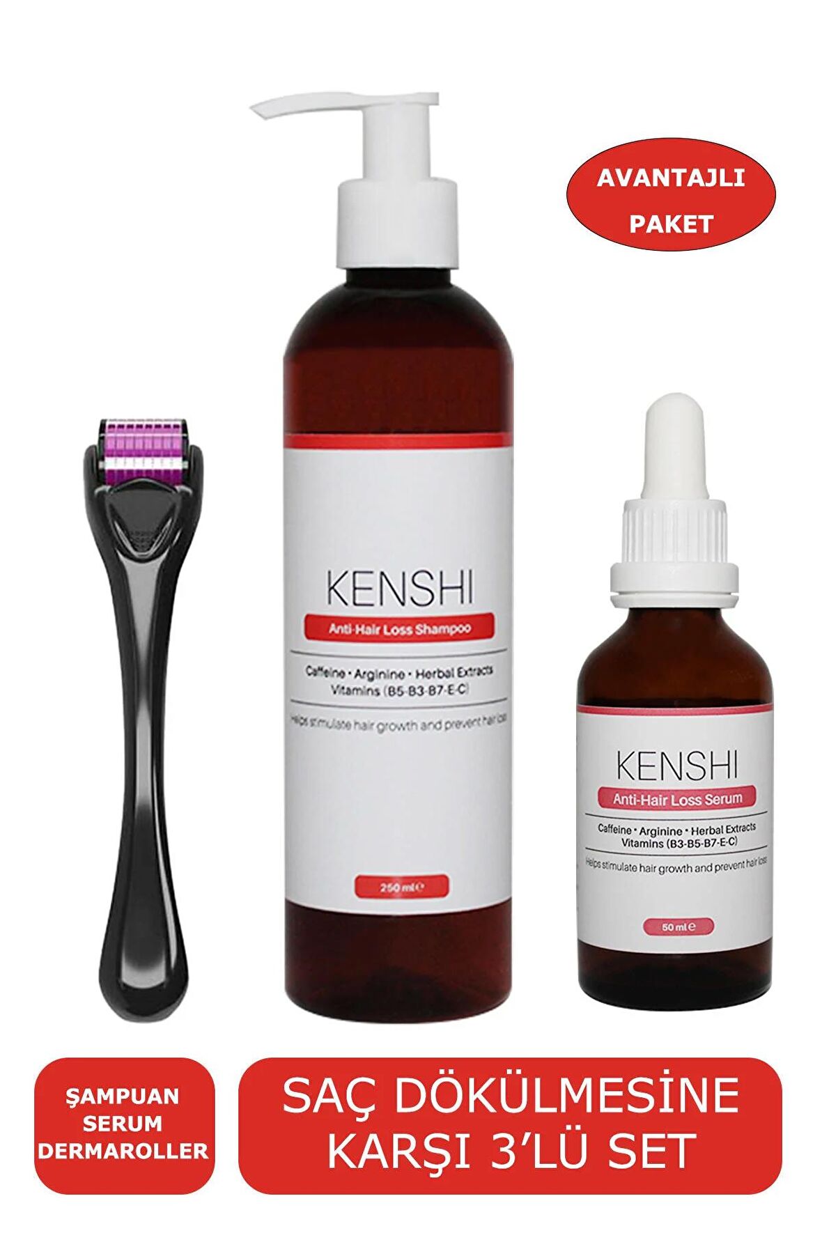 Saç Dökülmesi Karşıtı Şampuan Ve Serum Bakım Seti & Dermaroller Titanyum Uçlu