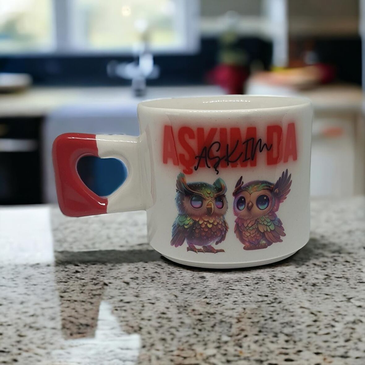 Kişiselleştirilebilir Neon Aşkım da Aşkım Havalı Baykuşlar Baskılı Kalp Kupa Bardak / Mug - Çay & Kahve Fincanı