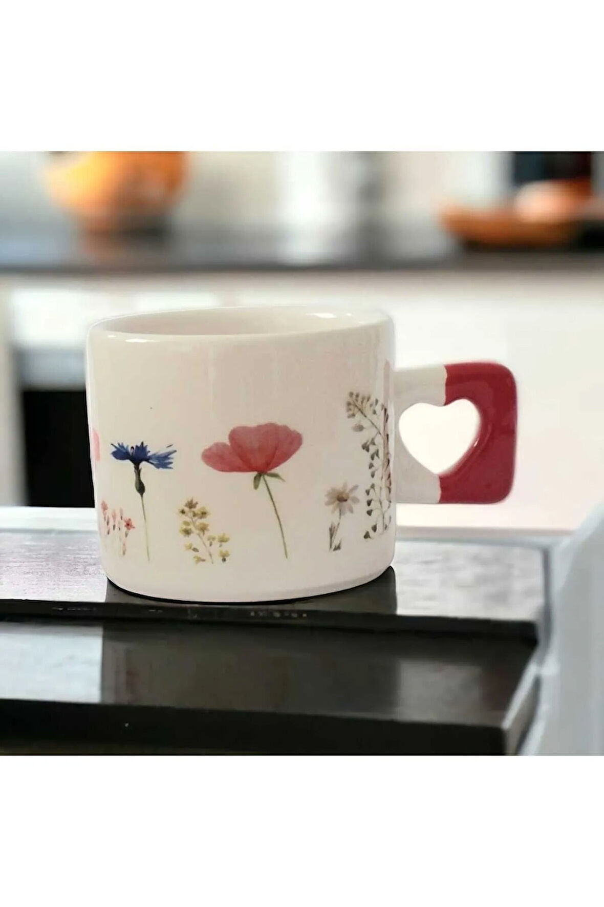 Zarif Çiçekler Baskılı El Yapımı Doğal Seramik Kırmızı Kalp Kupa Bardak / Mug - Çay & Kahve Fincanı