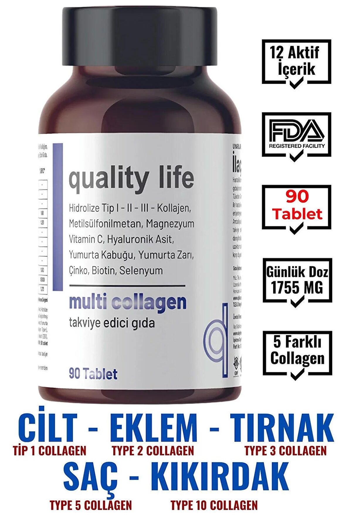 Multi Collagen 90 Tablet - Tip 1-2-3-5-10 Kolajen MSM Magnezyum C Vitamini Yumurta Kabuğu Zarı Çinko