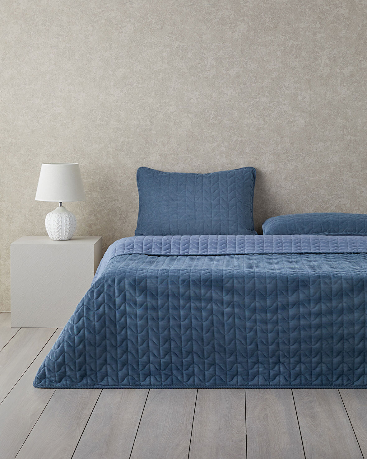 English Home Waved Fitilli Kadife Çift Kişilik Yatak Örtüsü Takımı 200x220 cm Koyu Mavi