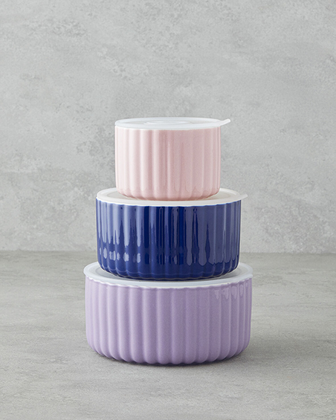 Oliver New Bone China 3'lü Saklama Kabı 300 ml-600 ml-800 ml Lila-Lacivert-Krem