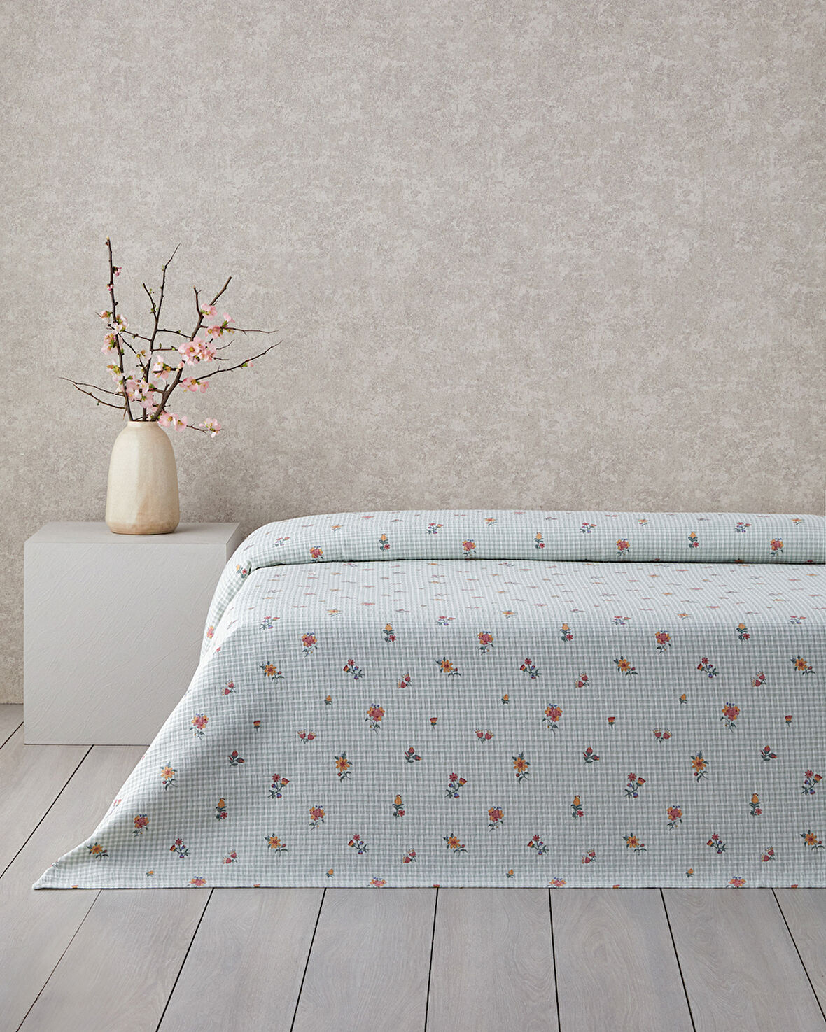 Floral Plaid Baskılı Pamuklu Çift Kişilik Pike 200x220 cm Yeşil