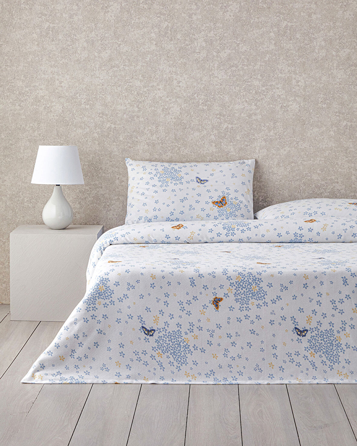 Butterfly Art Baskılı Çift Kişilik Pike Takımı 200x220 cm Mavi