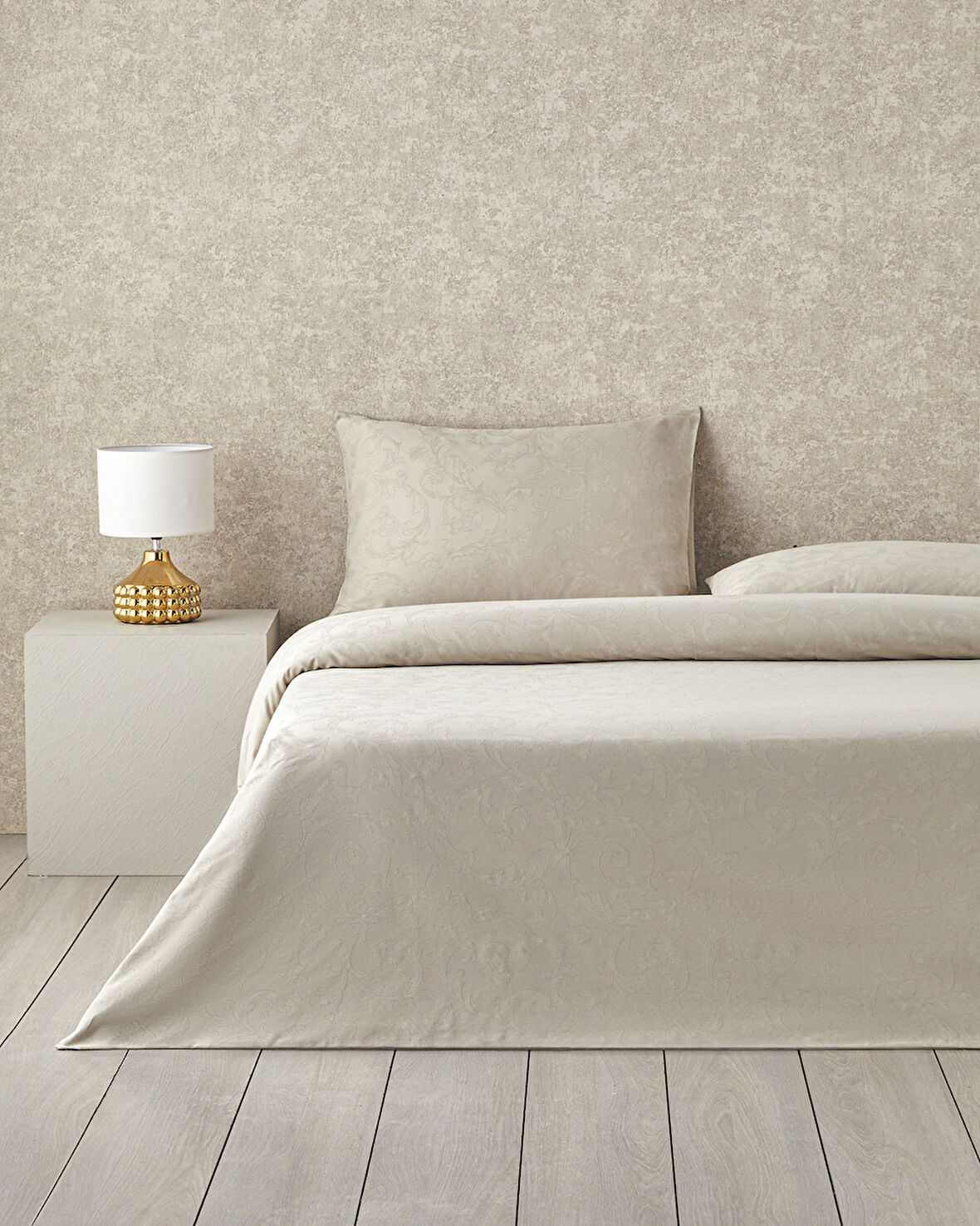Royal Scroll Jakarlı Pamuk Saten King Size Nevresim Takımı 240x220 cm Taş Rengi