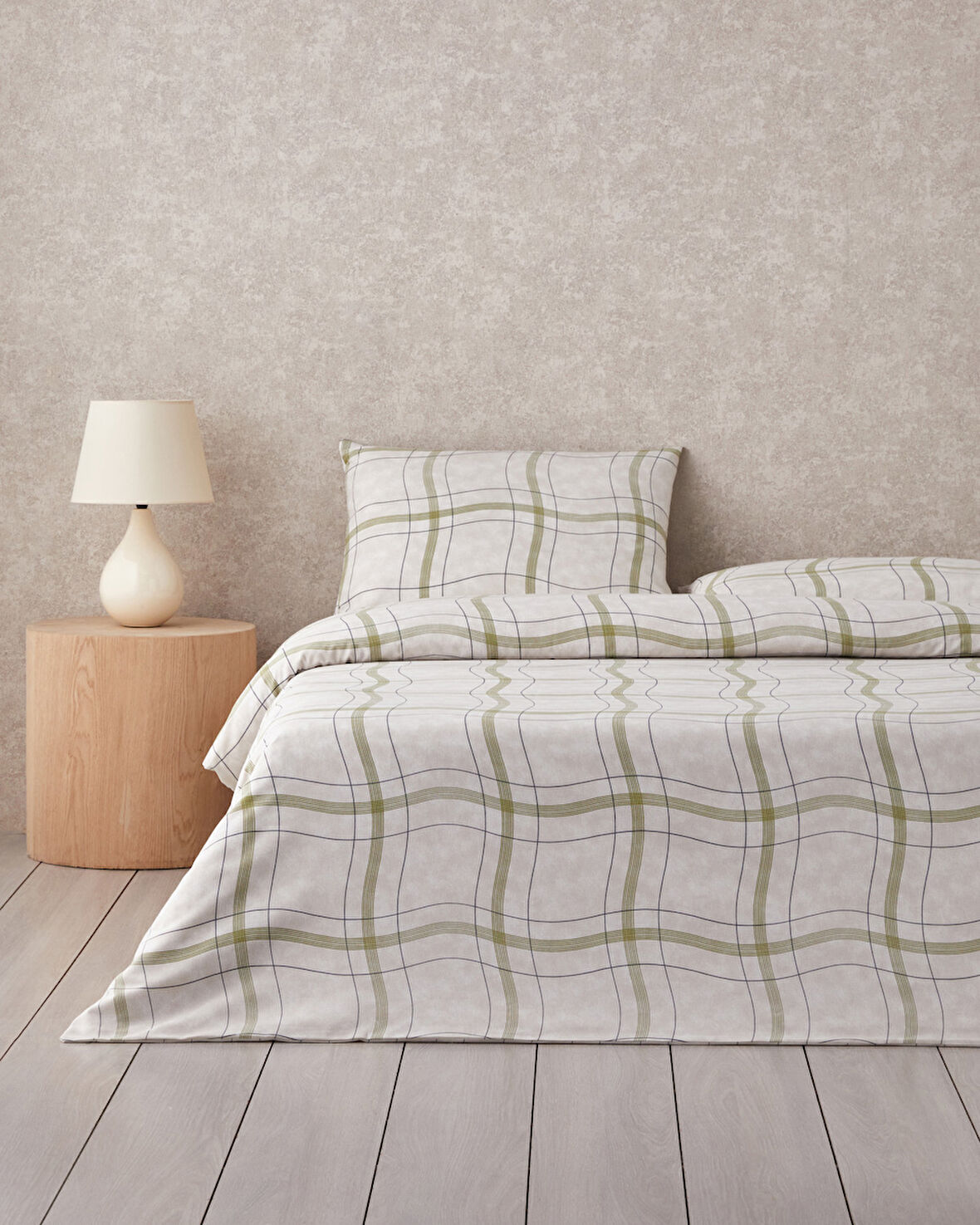 Wave Check Kolay Ütülenir Çift Kişilik Nevresim Takımı 200x220 cm Açık Yeşil-Bej