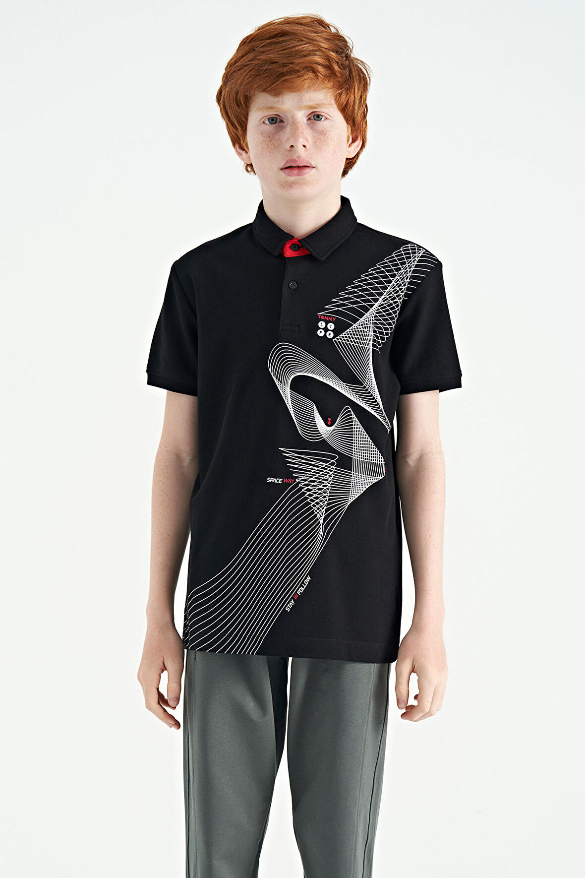 Siyah Baskı Detaylı Standart Kalıp Polo Yaka Erkek Çocuk T-Shirt - 11164 | 12-13