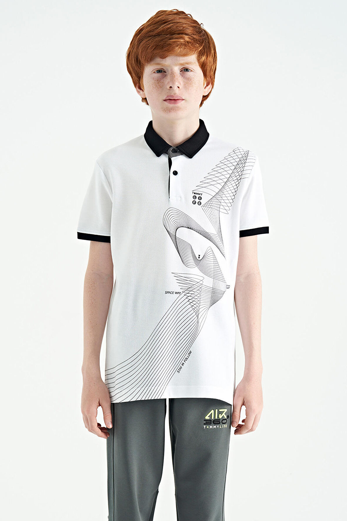 Beyaz Baskı Detaylı Standart Kalıp Polo Yaka Erkek Çocuk T-Shirt - 11164 | 12-13