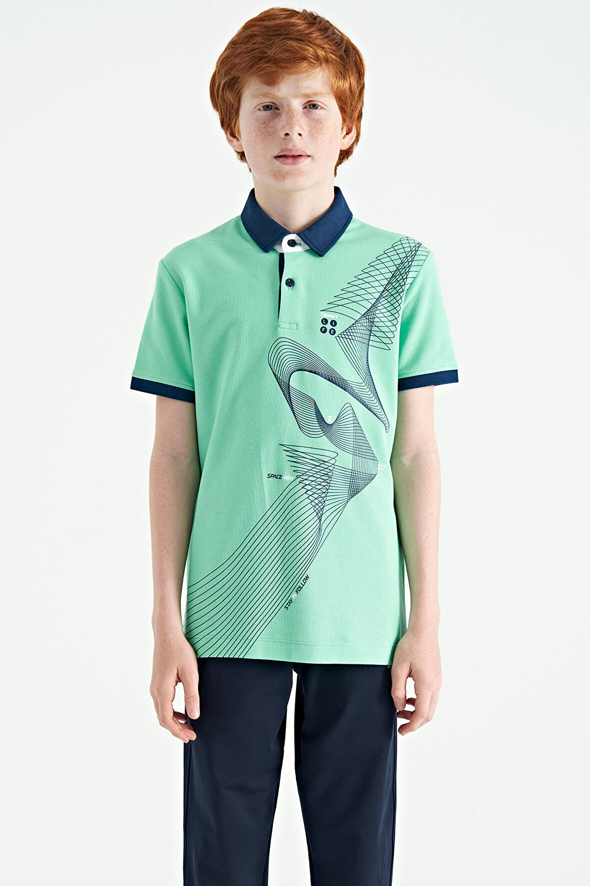 Su Yeşili Baskı Detaylı Standart Kalıp Polo Yaka Erkek Çocuk T-Shirt - 11164 | 12-13