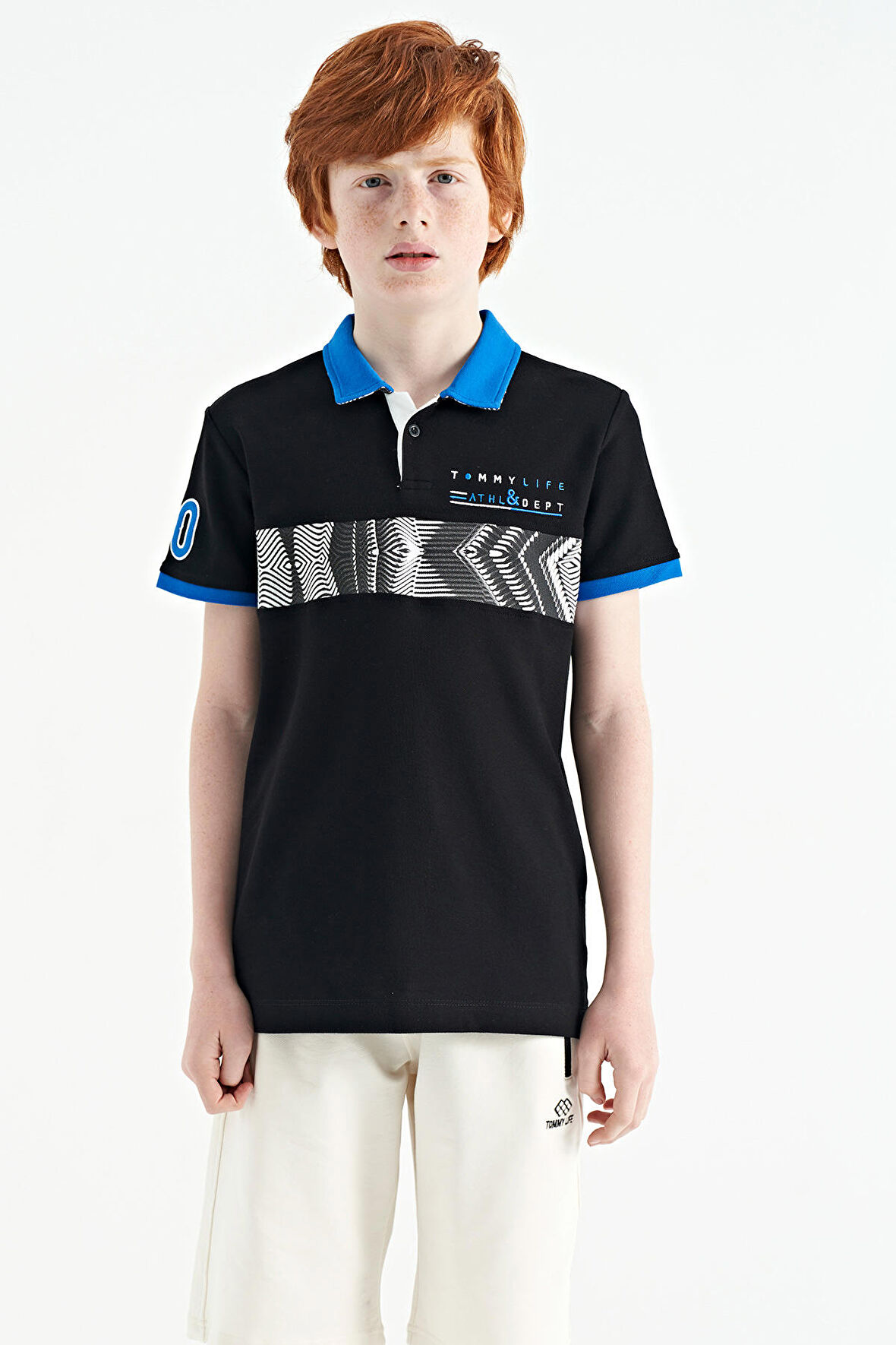 Siyah Şerit Baskı Detaylı Pola Yaka Standart Kalıp Erkek Çocuk T-Shirt - 11162 | 14-15 Yaş