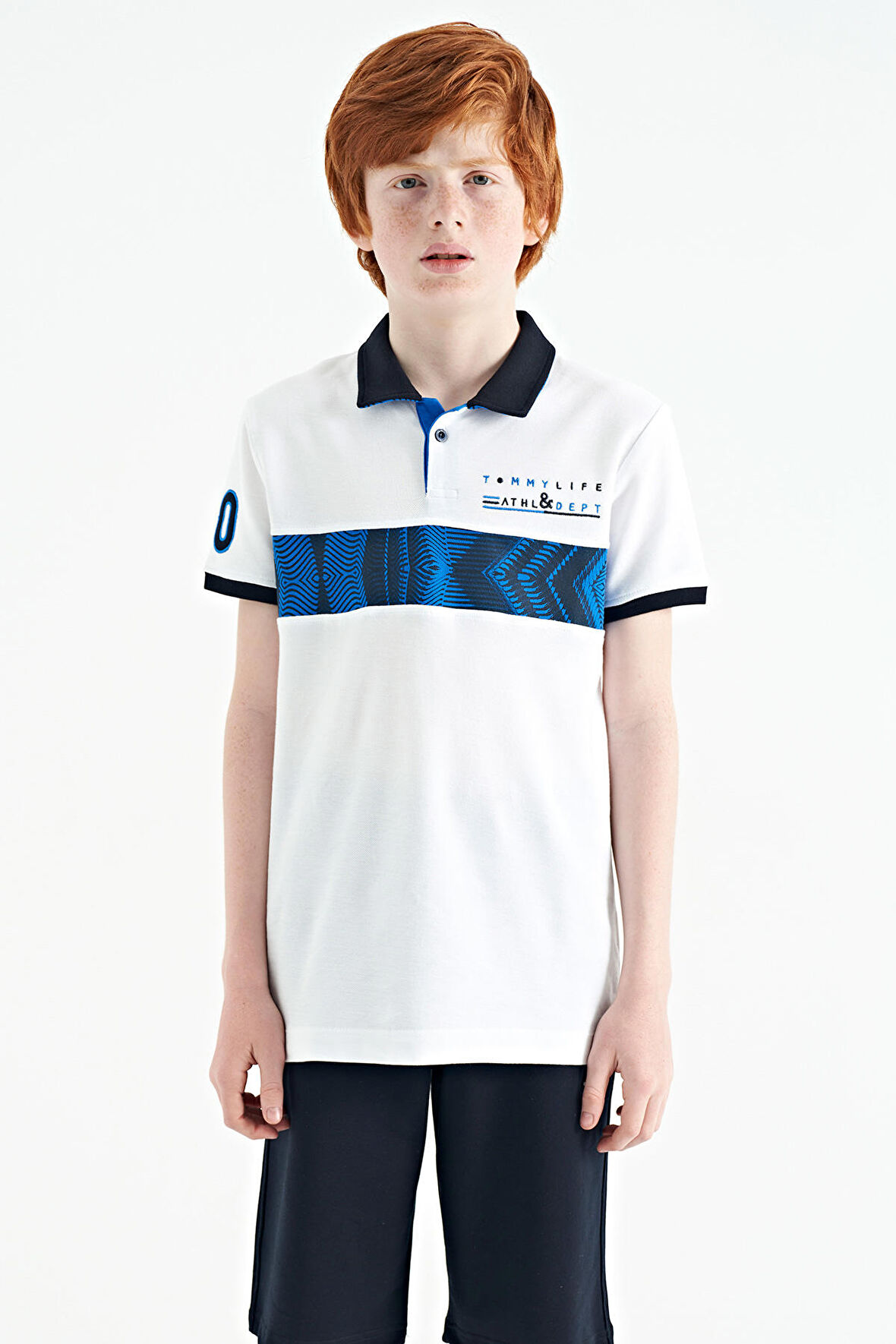 Beyaz Şerit Baskı Detaylı Pola Yaka Standart Kalıp Erkek Çocuk T-Shirt - 11162 | 14-15 Yaş