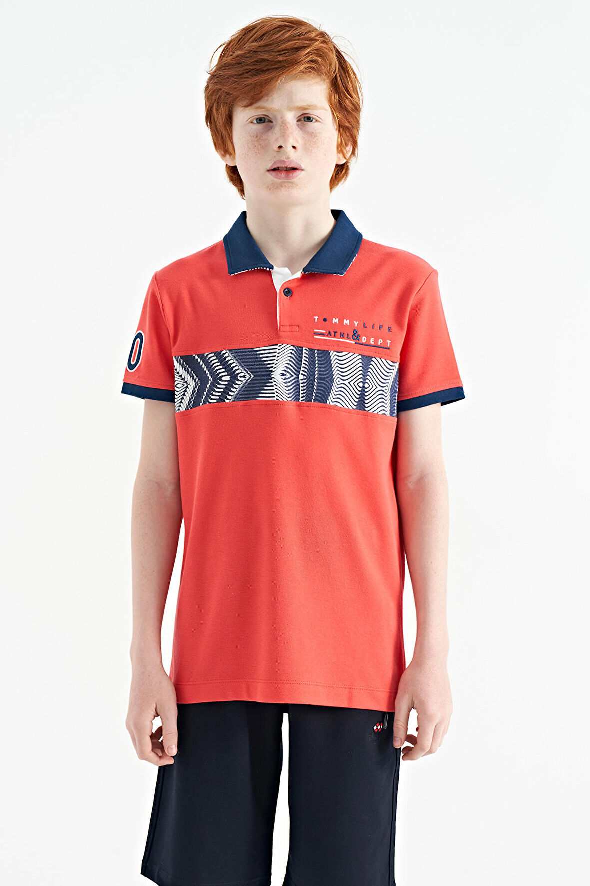 Coral Şerit Baskı Detaylı Pola Yaka Standart Kalıp Erkek Çocuk T-Shirt - 11162 | 14-15 Yaş