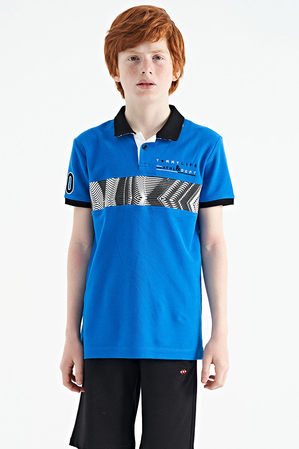 Saks Şerit Baskı Detaylı Pola Yaka Standart Kalıp Erkek Çocuk T-Shirt - 11162 | 11-12 Yaş