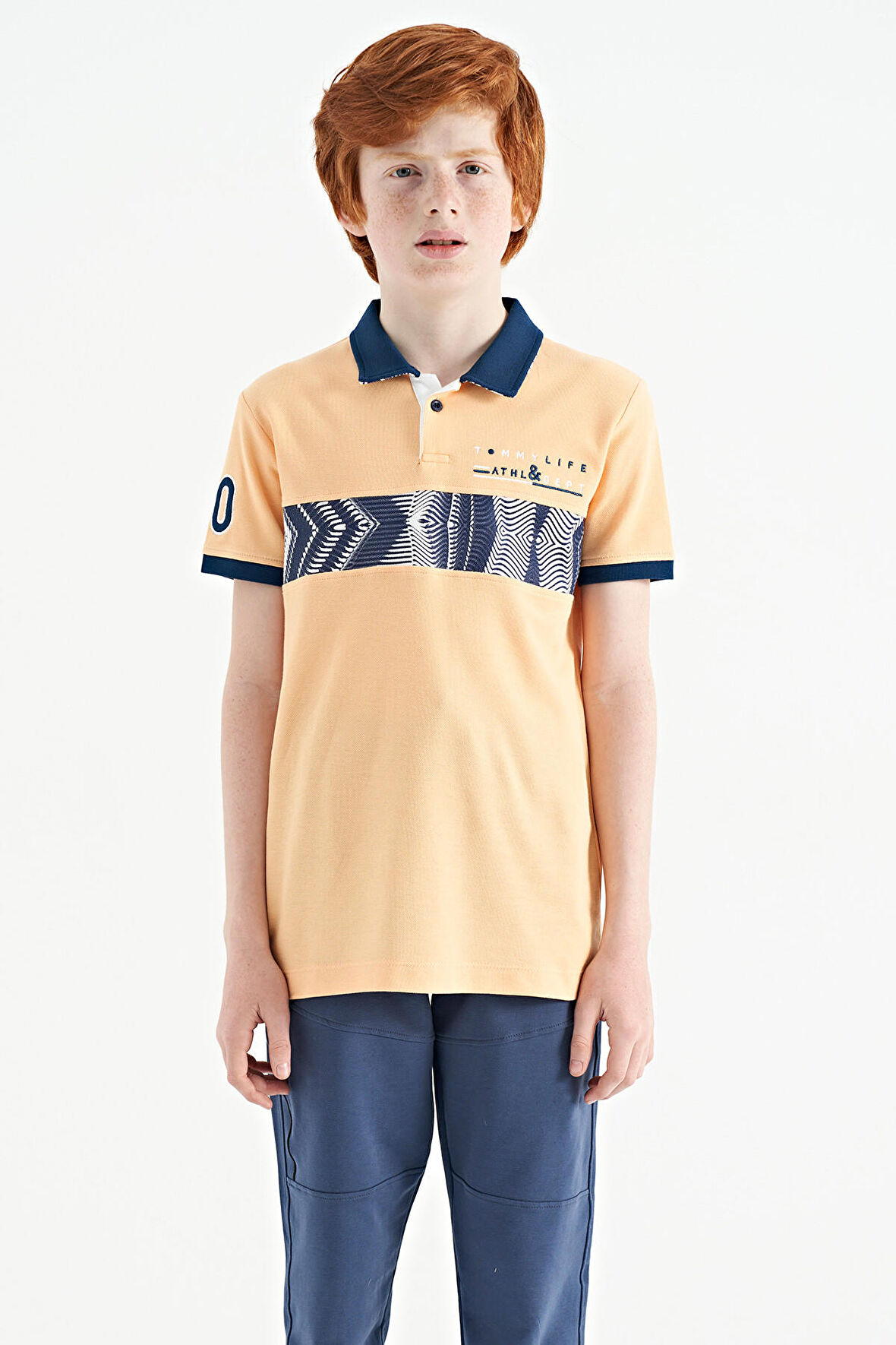 Kavun Içi Şerit Baskı Detaylı Pola Yaka Standart Kalıp Erkek Çocuk T-Shirt - 11162