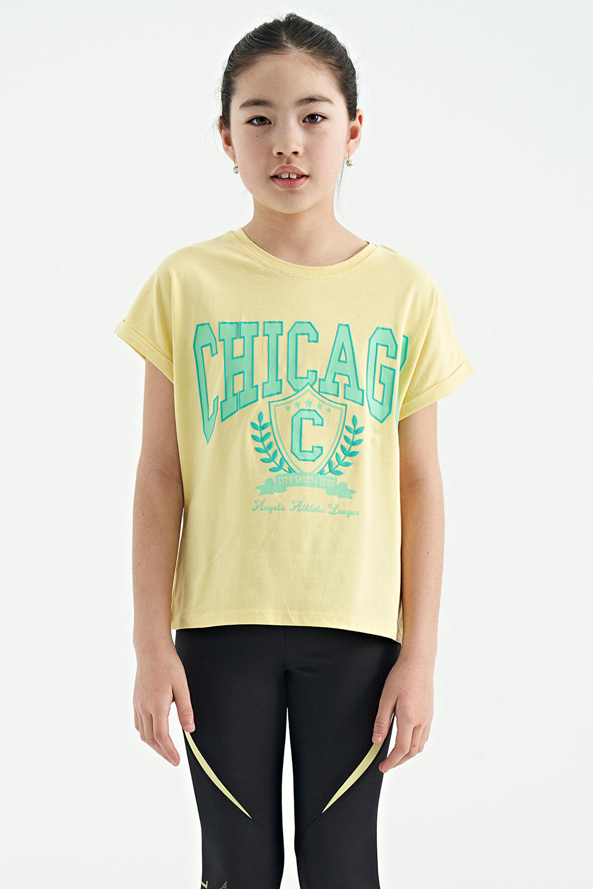 Sarı O Yaka Düşük Omuzlu Rahat Form Kısa Kollu Kız Çocuk T-Shirt - 75128 | 11-12 Yaş
