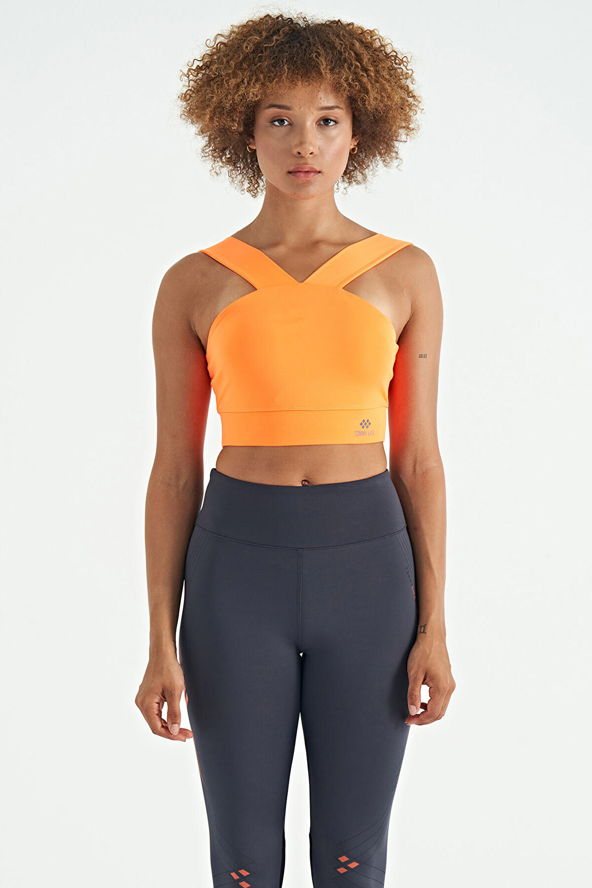 Neon Turuncu Logo Baskılı Dar Kalıp Dalgıç Kumaş Kadın Büstiyer - 97259 | L