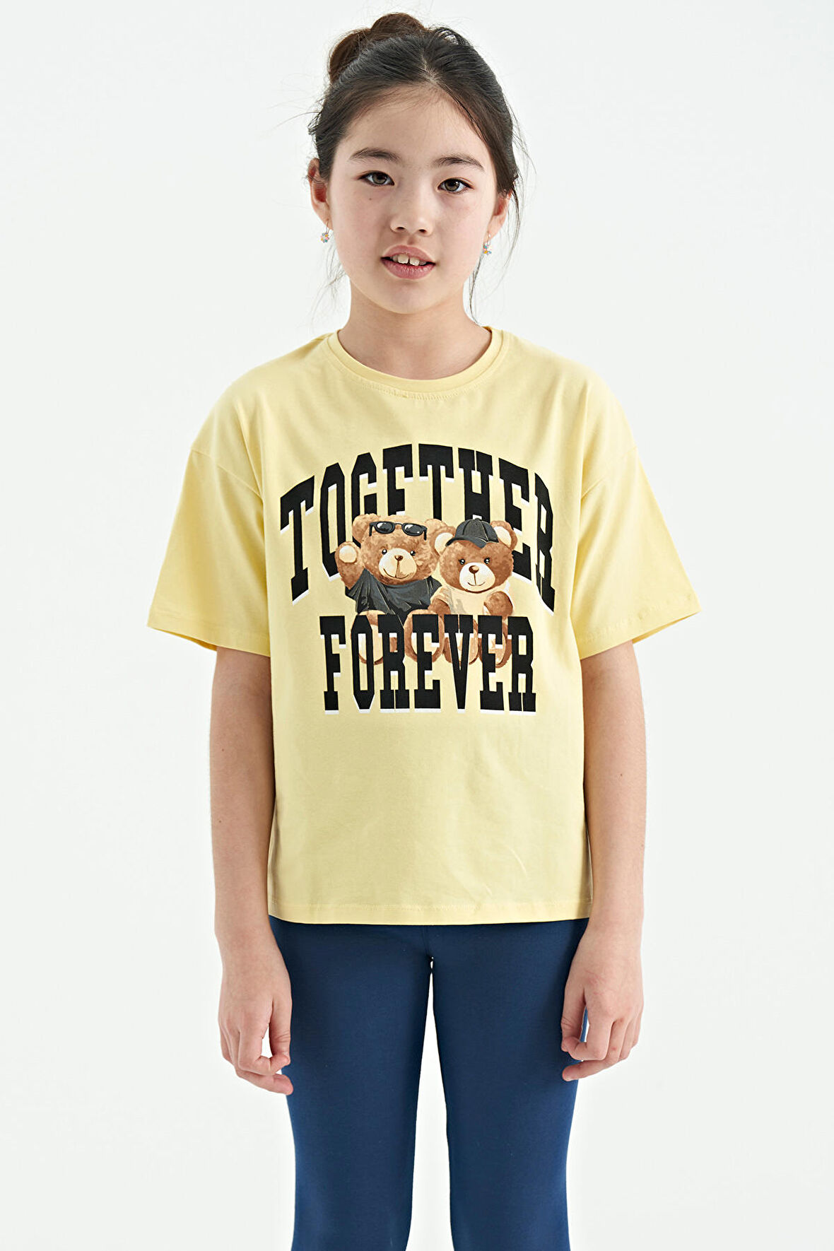 Sarı Ayıcık Baskılı O Yaka Oversize Kısa Kol Kız Çocuk T-Shirt - 75116 | 13-14 Yaş
