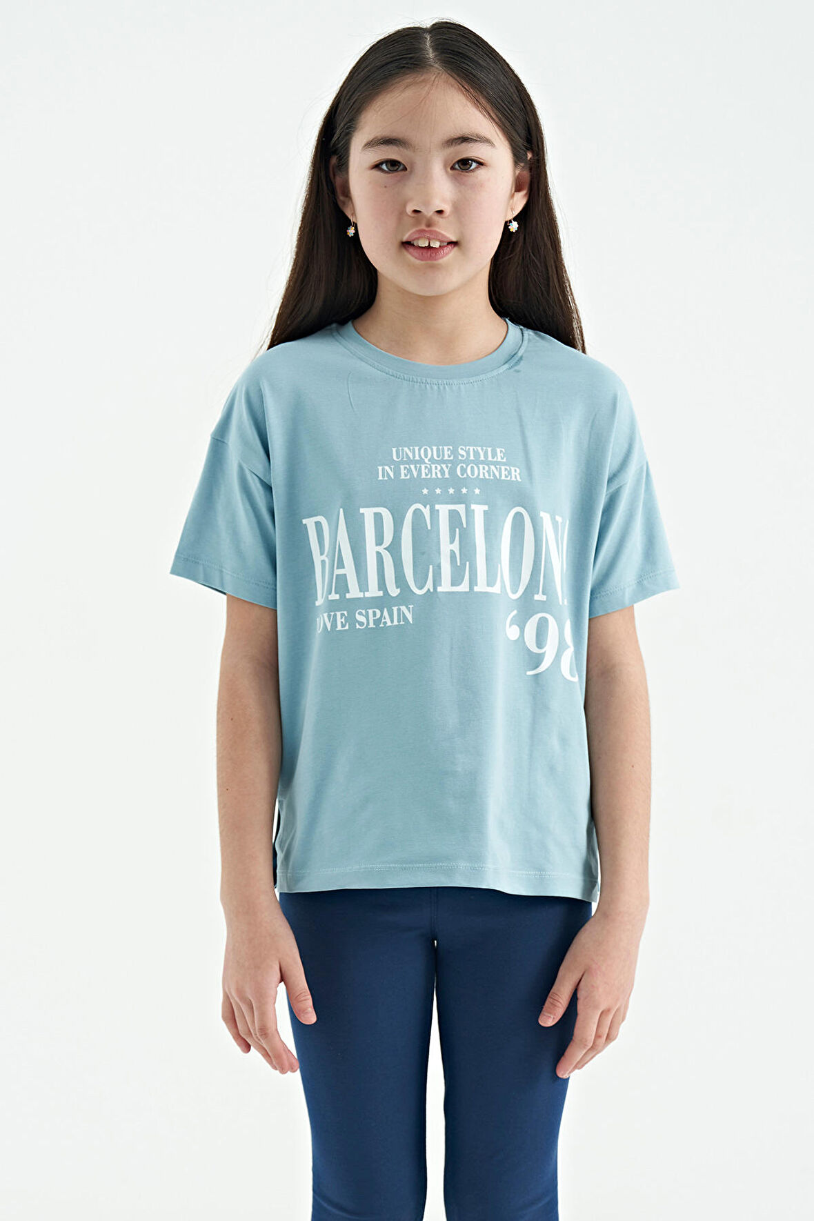 Açık Mavi O Yaka Yazı Baskılı Düşük Omuz Oversize Kız Çocuk T-Shirt - 75115 | 8-9 Yaş