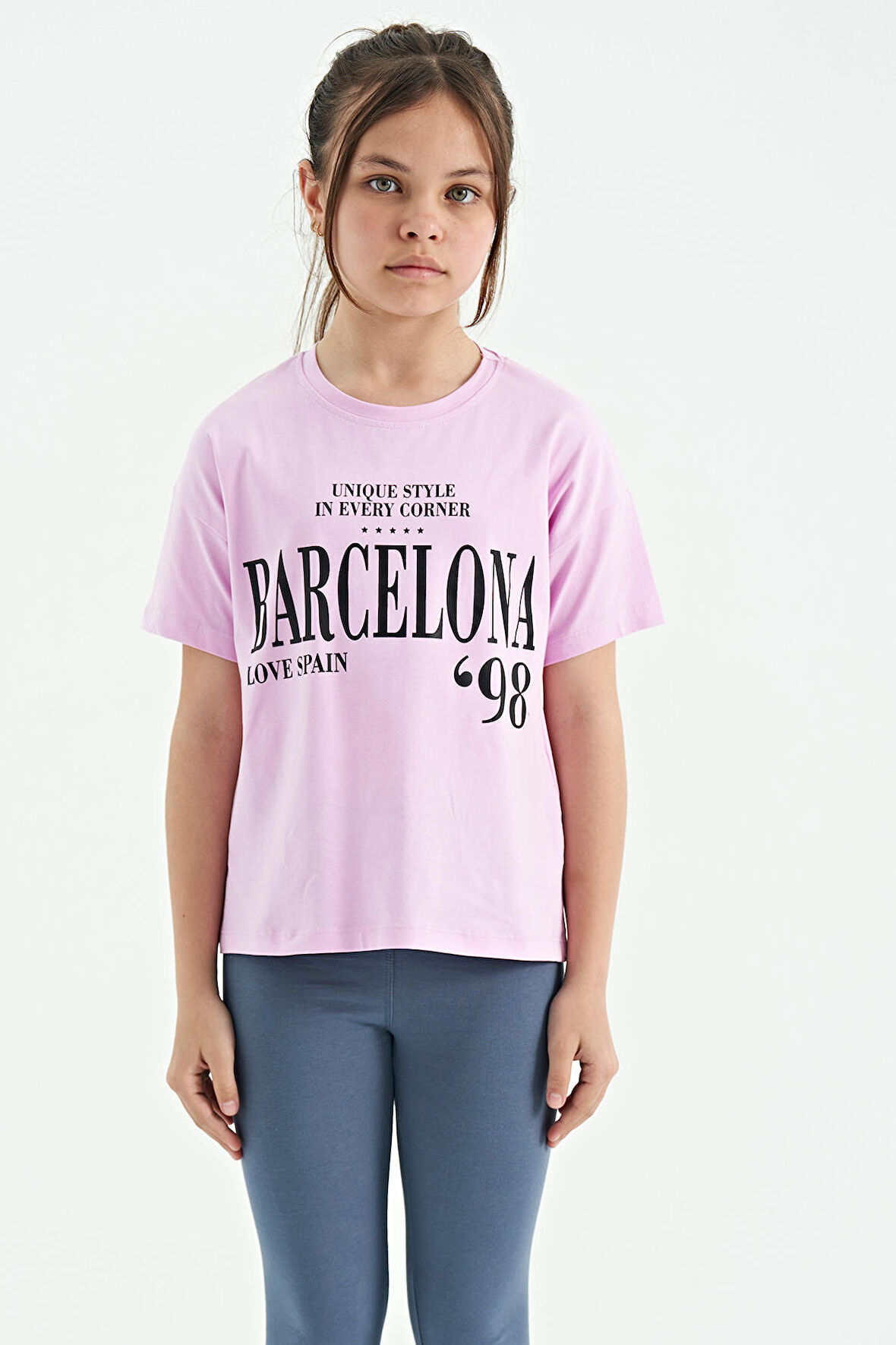 Pembe O Yaka Yazı Baskılı Düşük Omuz Oversize Kız Çocuk T-Shirt - 75115 | 11-12 Yaş