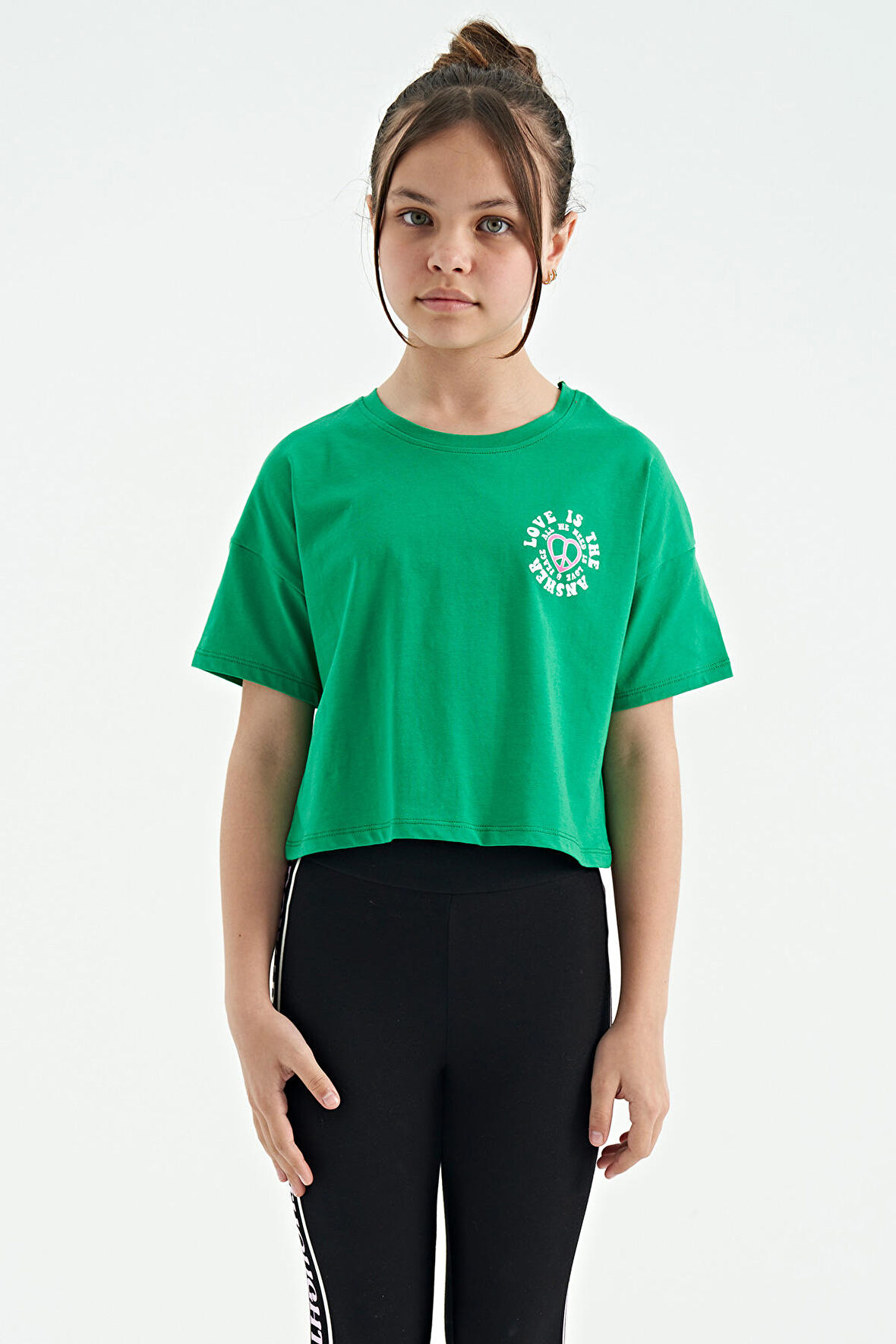 Yeşil Ön Arka Baskılı O Yaka Düşük Omuz Oversize Kısa Kollu Kız Çocuk T-Shirt - 75126 | 14-15 Yaş