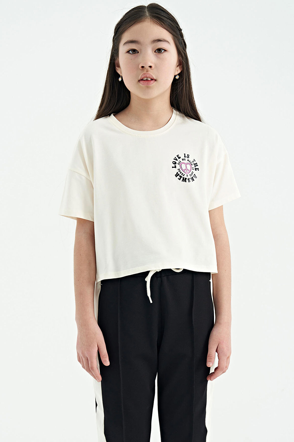 Ekru Ön Arka Baskılı O Yaka Düşük Omuz Oversize Kısa Kollu Kız Çocuk T-Shirt - 75126 | 12-13 Yaş