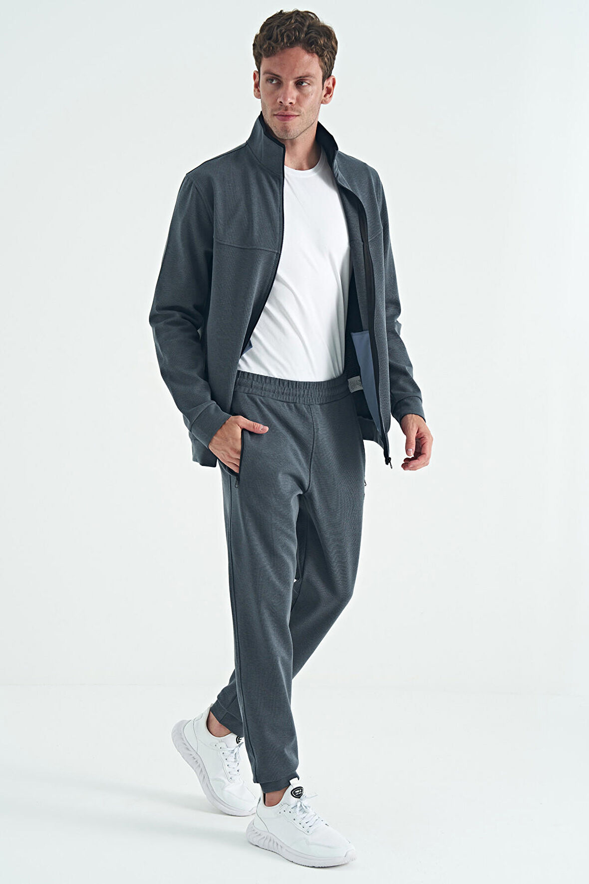 Antrasit Melanj Dik Yaka Fermuarlı Jogger Rahat Form Erkek Eşofman Takım - 85198 | XXL