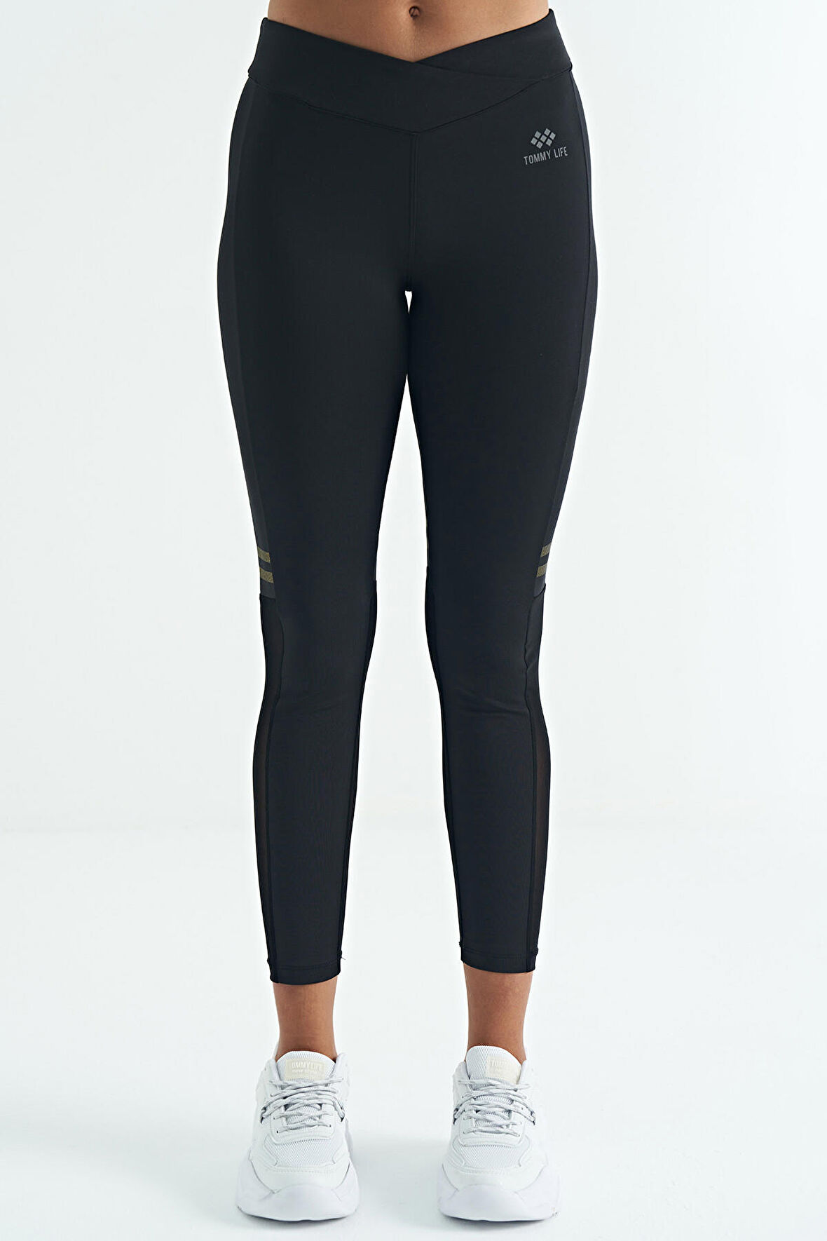 Siyah Renk Bloklu Fileli Yüksek Bel Slim Fit Dalgıç Kumaş Kadın Tayt - 94632 | M
