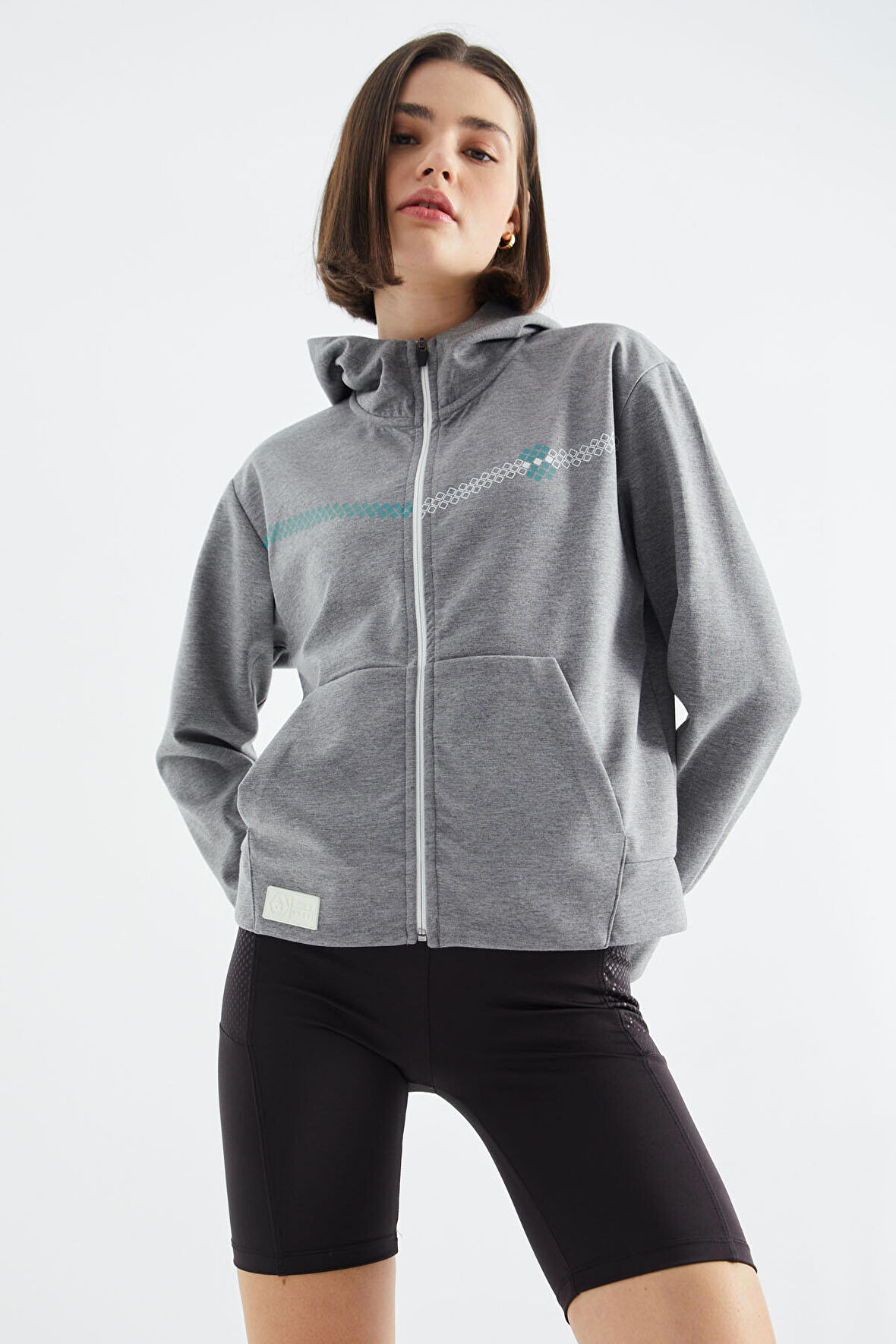 Gri Melanj Kapüşonlu Fermuarlı Kadın Sweatshirt - 97277