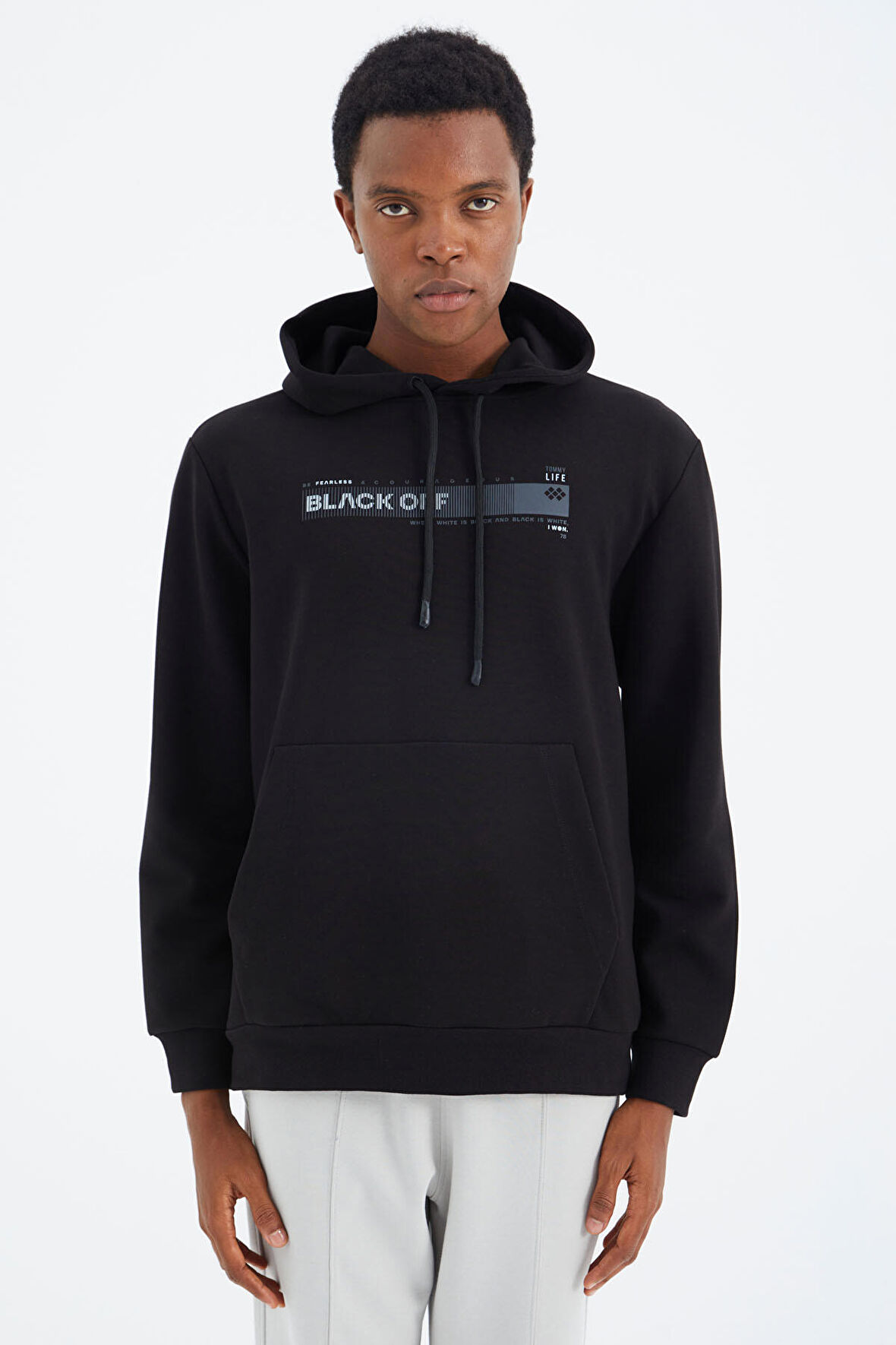 Siyah Kapüşonlu Bağcıklı Baskı Detaylı Rahat Kalıp Erkek Sweatshirt - 88287 | XXL