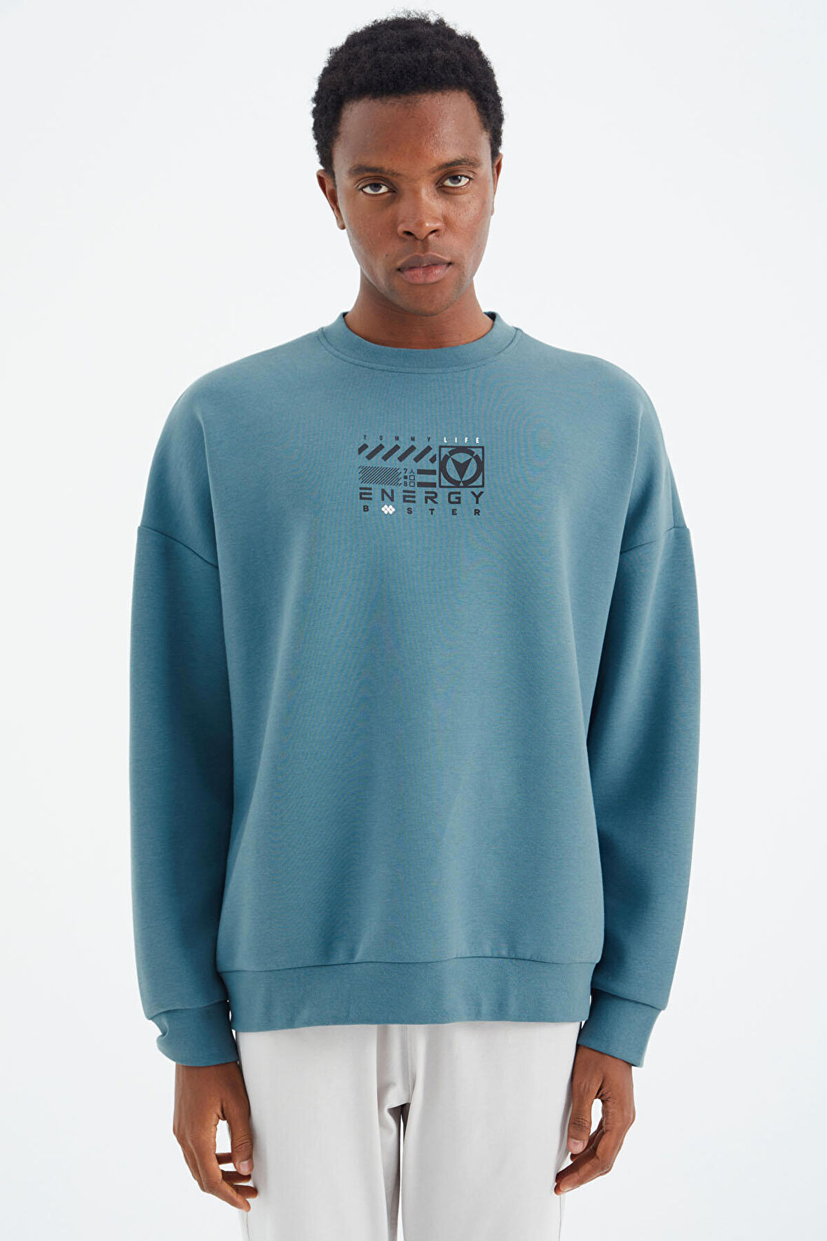 Orman Yeşili O Yaka Baskı Detaylı Rahat Kalıp Erkek Swetshirt - 88284 | XXL