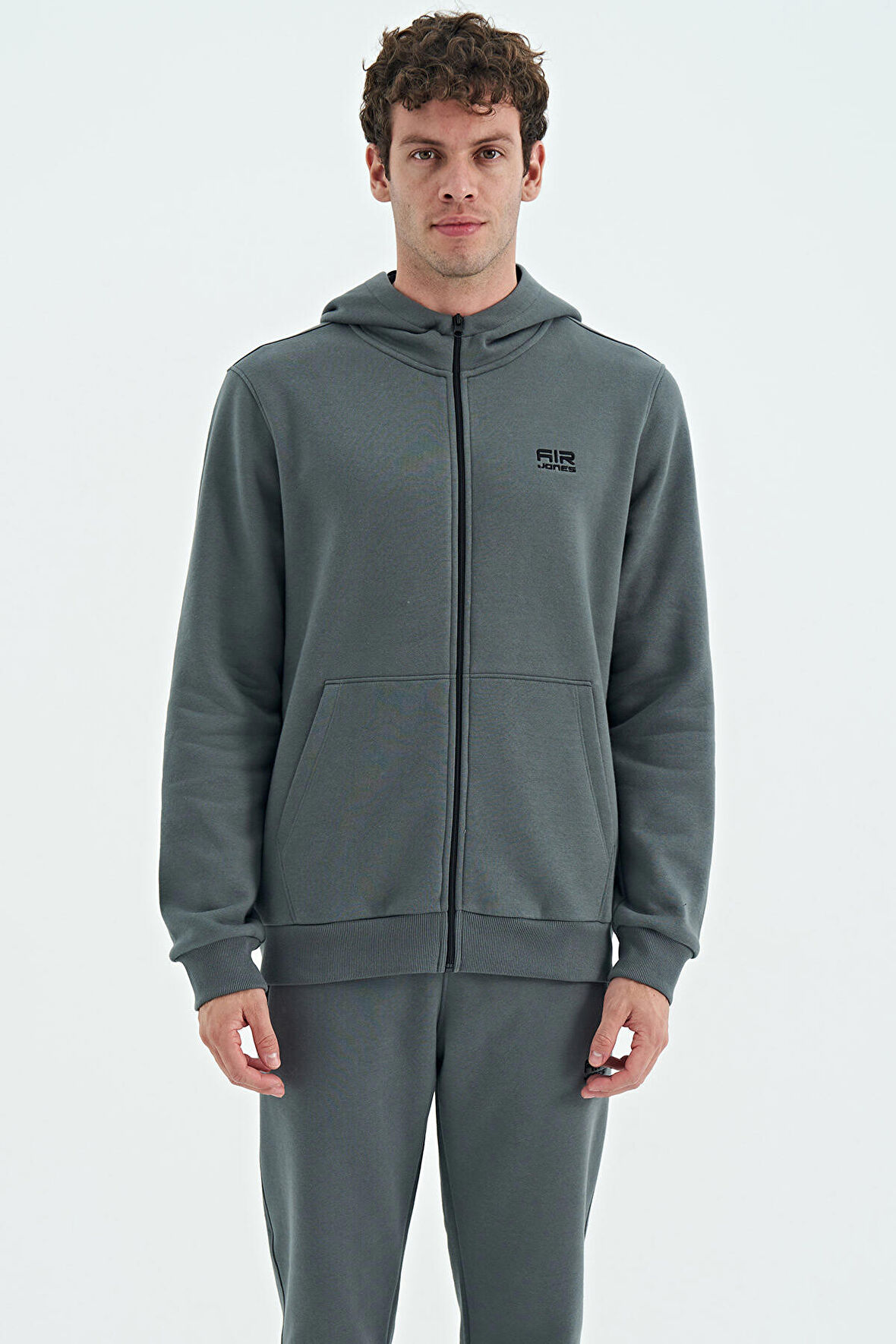 Haki Fermuarlı Kapüşonlu Cep Detaylı Şardonlu Rahat Kalıp Erkek Sweatshirt - 88139 | M