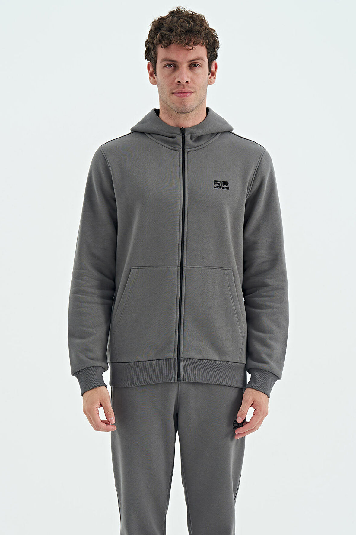 Koyu Gri Fermuarlı Kapüşonlu Cep Detaylı Şardonlu Rahat Kalıp Erkek Sweatshirt - 88139 | S