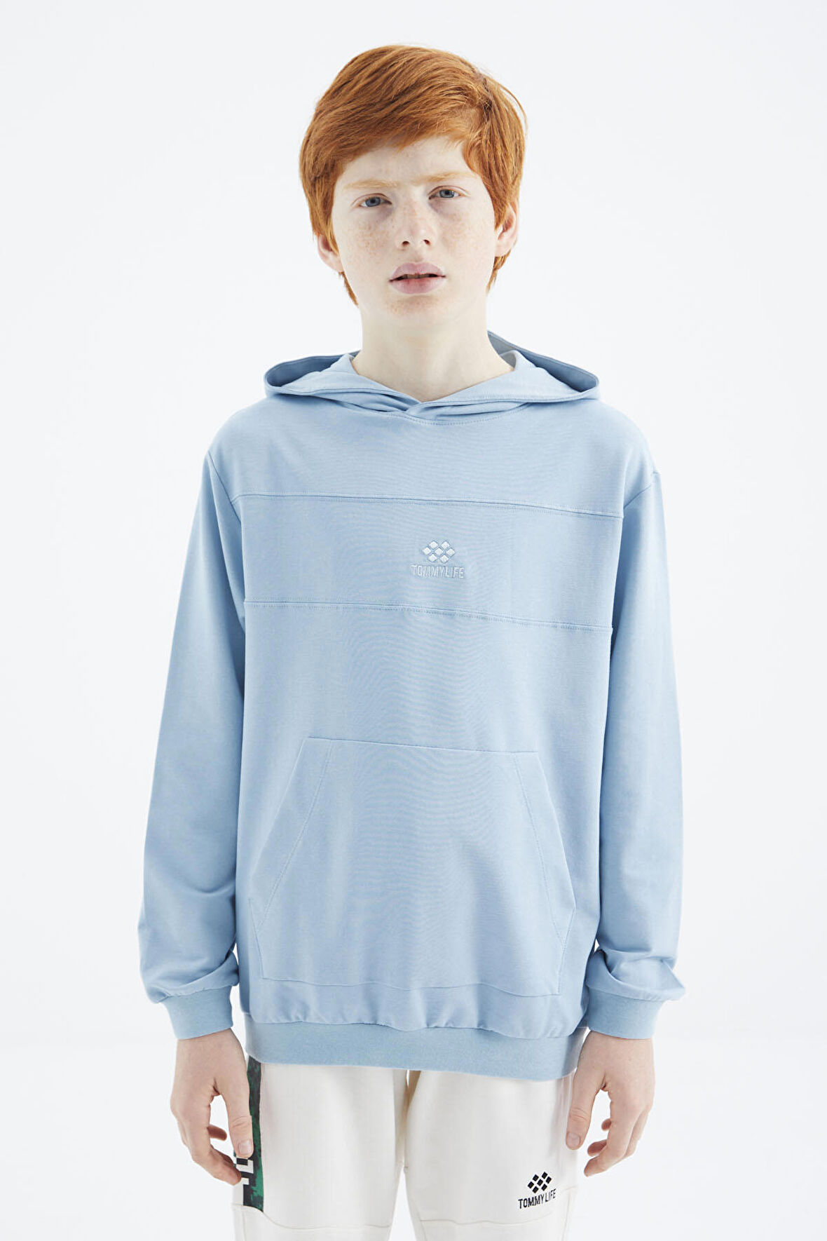 Açık Mavi Kapüşonlu Basic Erkek Çocuk Sweatshirt - 11181 | 8-9