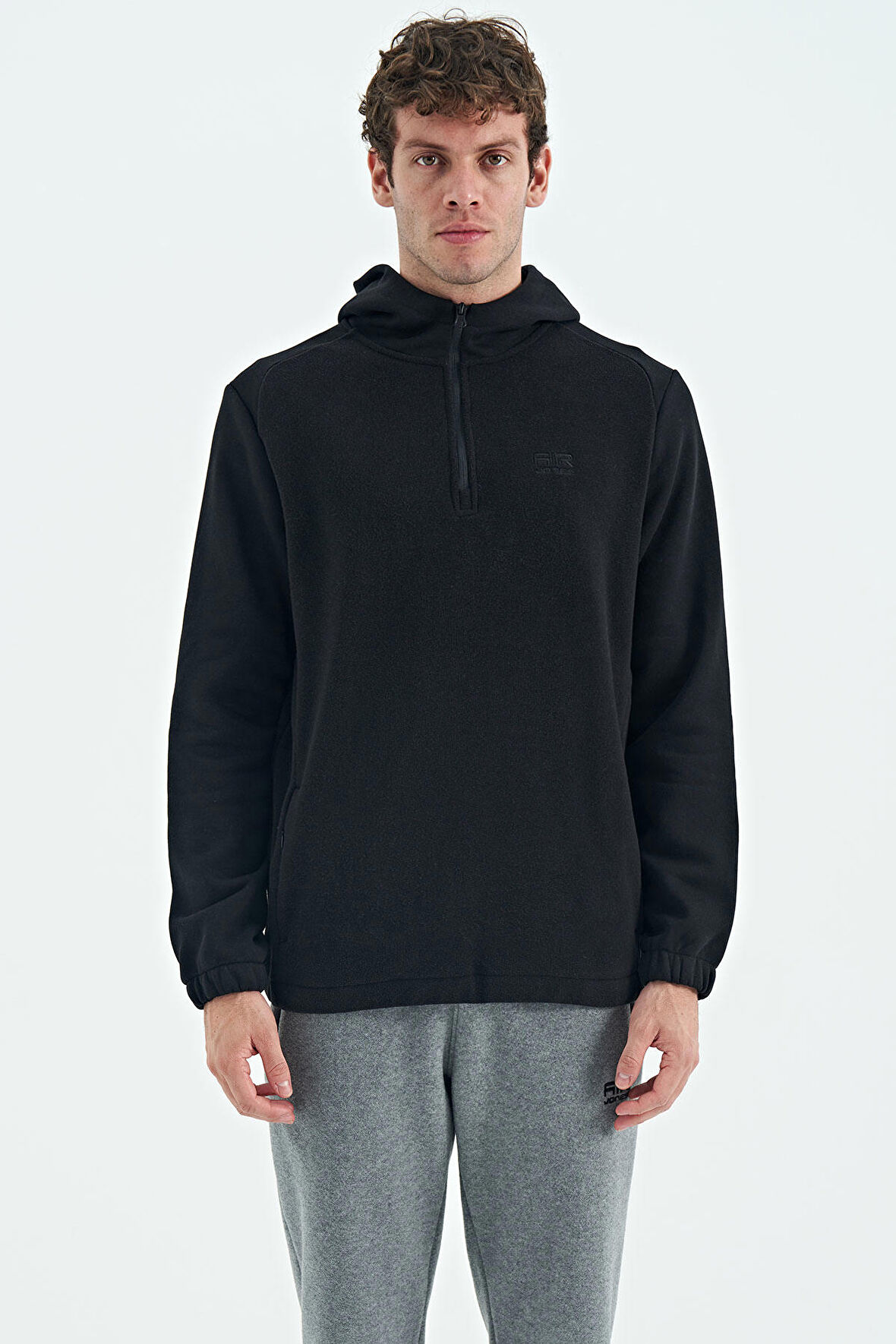 Siyah Yarım Fermuarlı Kapüşonlu Renk Bloklu Standart Kalıp Erkek Polar Sweatshirt - 88300 | XXL