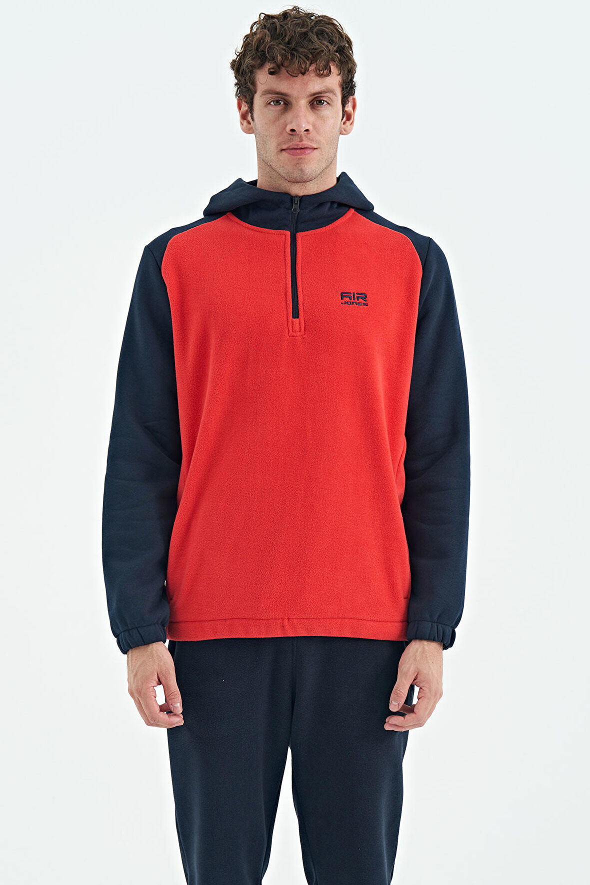Fiesta Yarım Fermuarlı Kapüşonlu Renk Bloklu Standart Kalıp Erkek Polar Sweatshirt - 88300 | XXL
