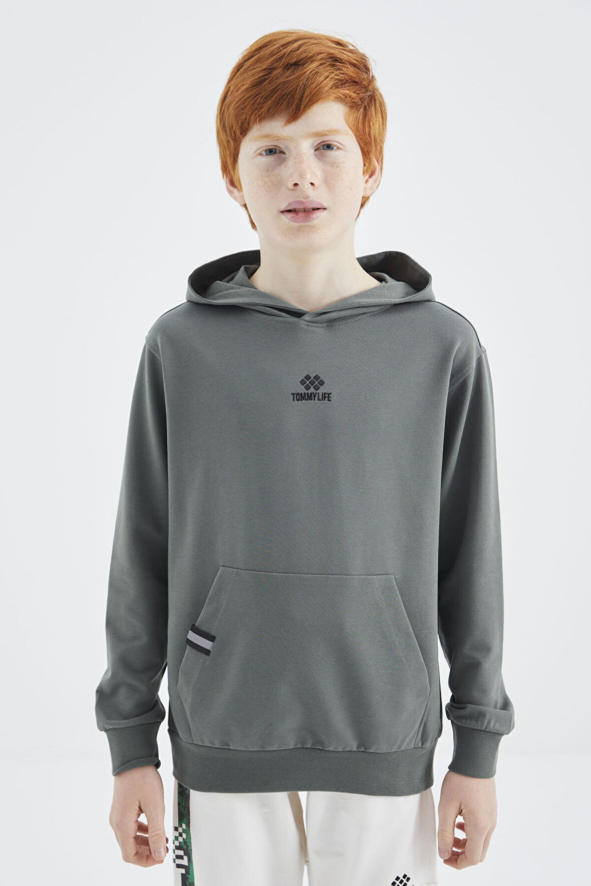 Haki Kapüşonlu Erkek Çocuk Sweatshirt - 11177 | 8-9