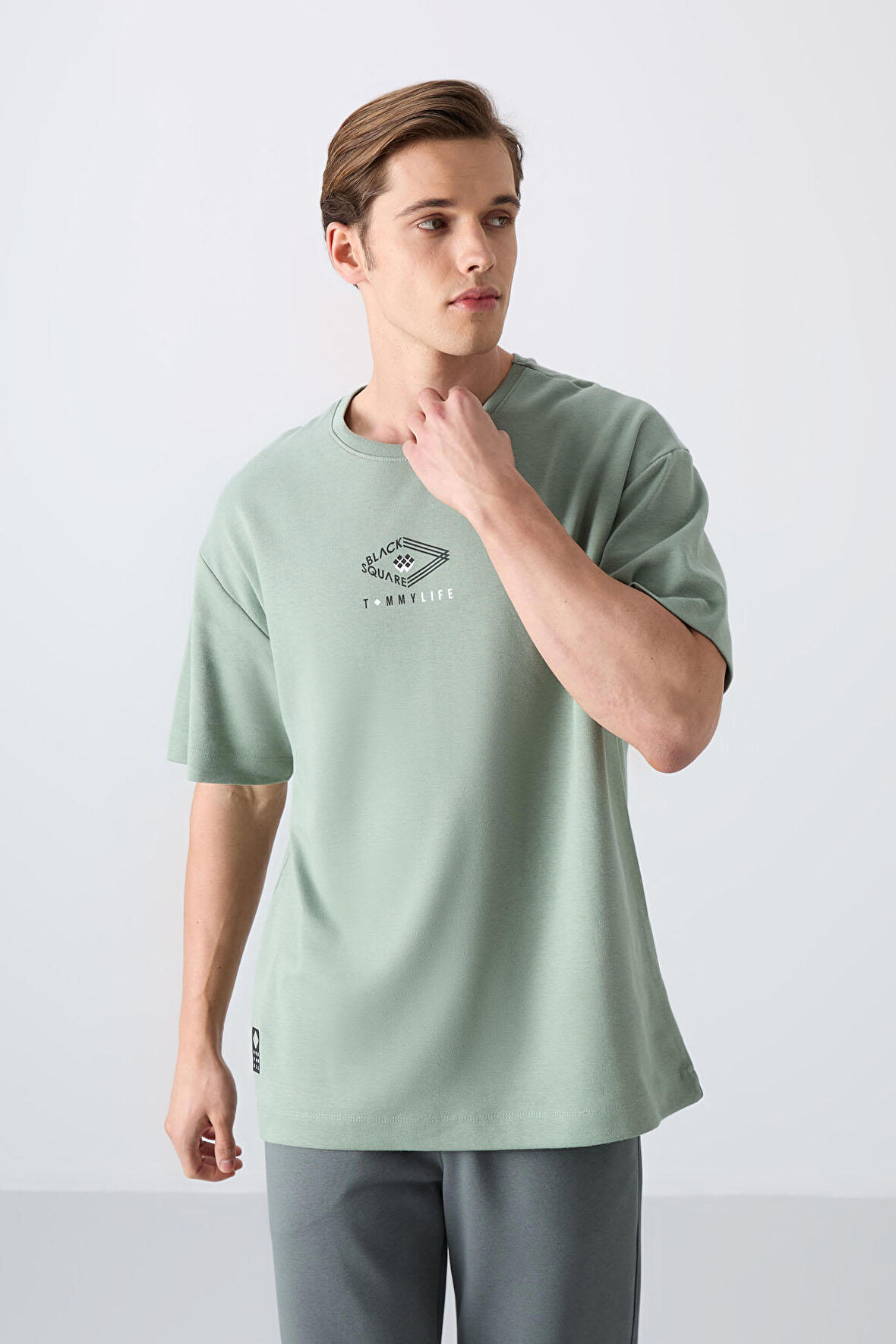 Açık Yeşil Pamuklu Kalın Yumuşak Dokulu Oversize Fit Baskılı Erkek T-Shirt - 88325 | S