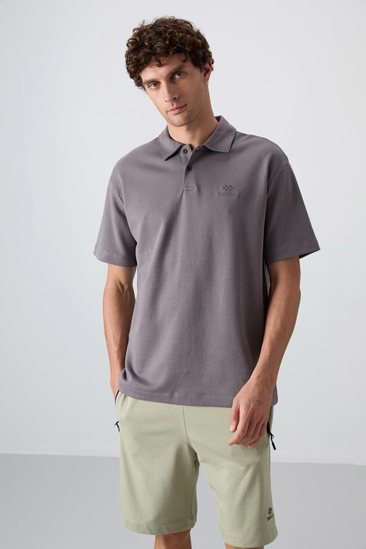 Koyu Gri Pamuklu Kalın Yumuşak Dokulu Oversize Fit Basic Polo Yaka Erkek T-Shirt - 88327 | XXL