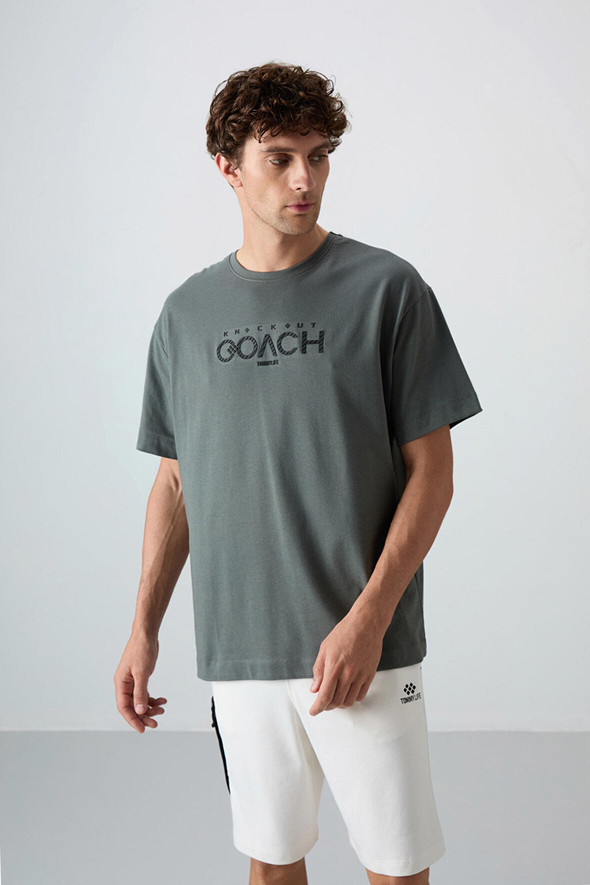 Haki Pamuklu Kalın Yumuşak Dokulu Oversize Fit Baskılı Erkek T-Shirt - 88329 | XL