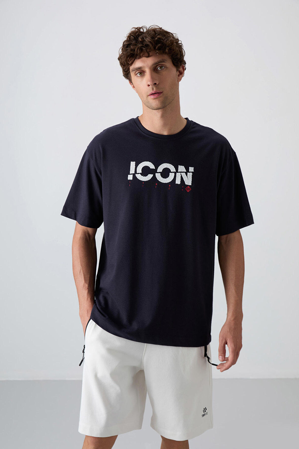 Lacivert Pamuklu Kalın Yumuşak Dokulu Oversize Fit Baskılı Erkek T-Shirt - 88331 | XXL