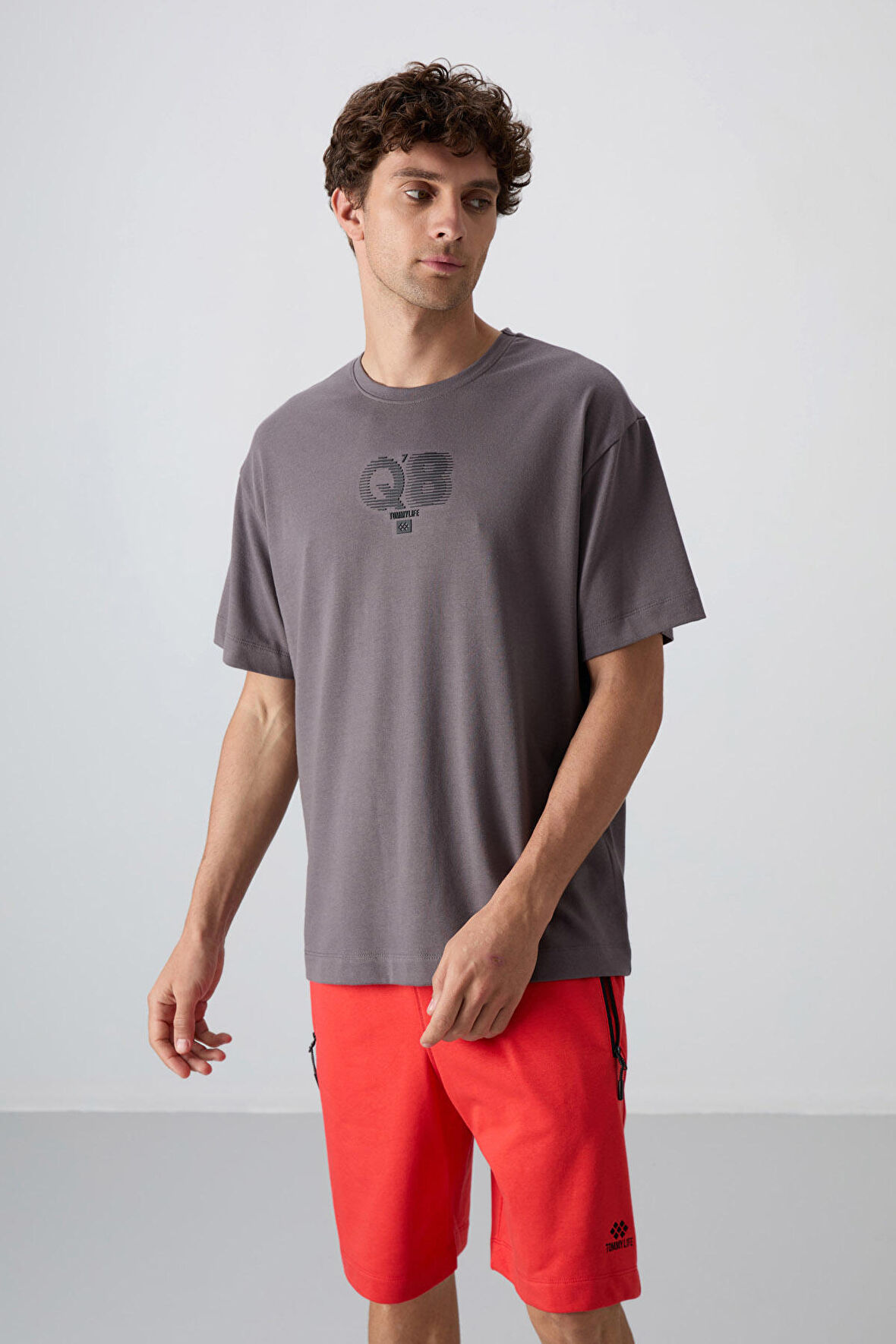 Koyu Gri Pamuklu Kalın Yumuşak Dokulu Oversize Fit Baskılı Erkek T-Shirt - 88333 | XXL