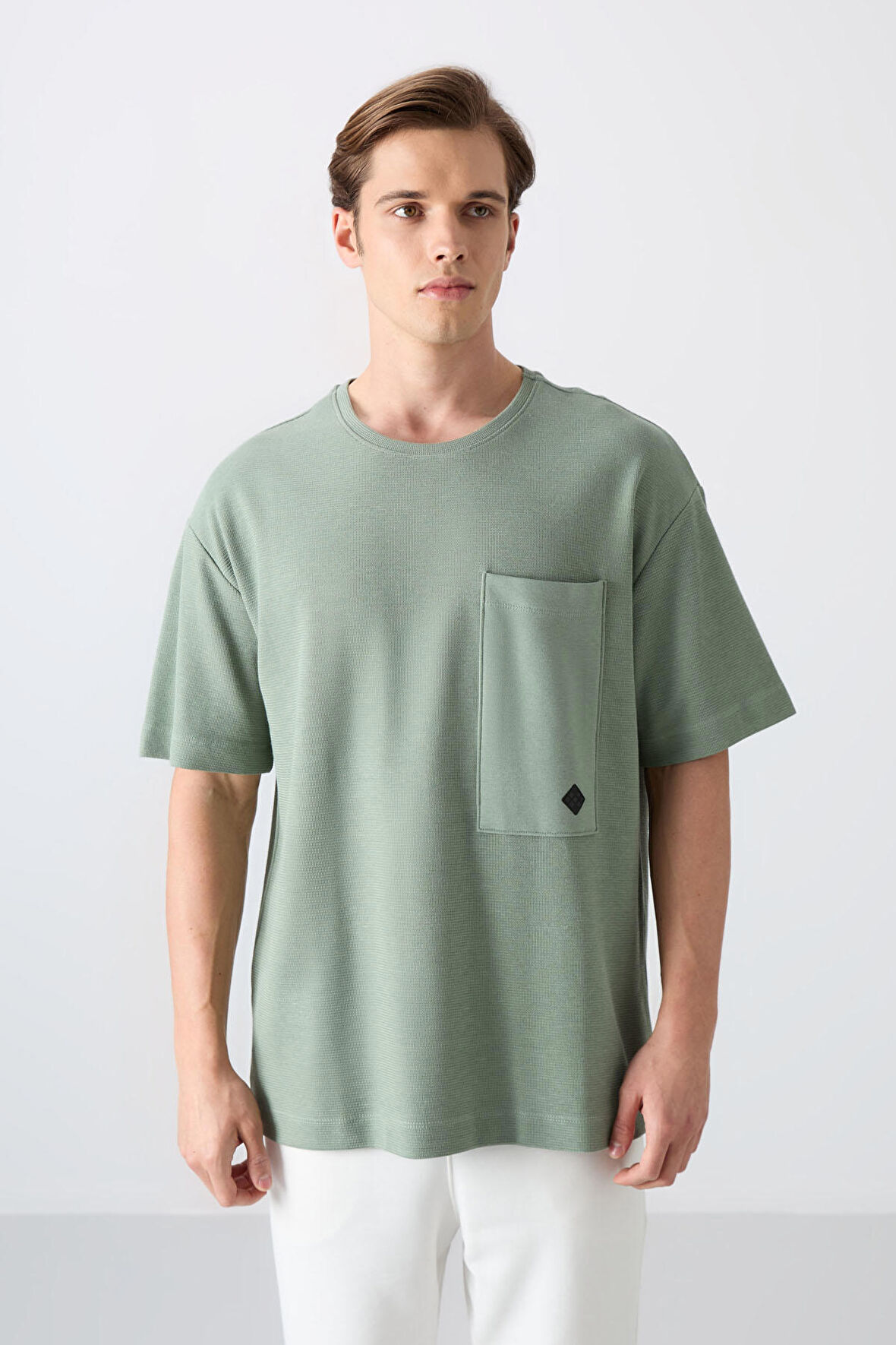 Açık Yeşil Pamuklu Kalın Yüzeyi Dokulu Oversize Fit Basic Erkek T-Shirt - 88341 | XXL