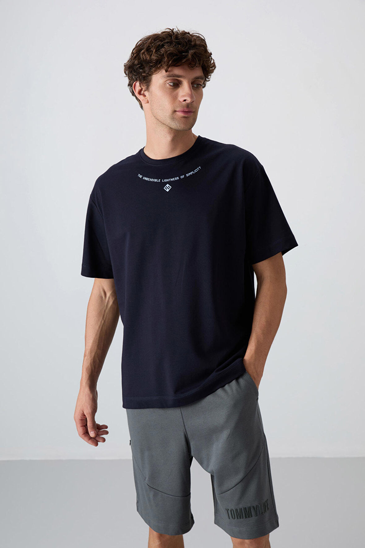 Lacivert Pamuklu Kalın Yumuşak Dokulu Oversize Fit Baskılı Erkek T-Shirt - 88343 | XXL
