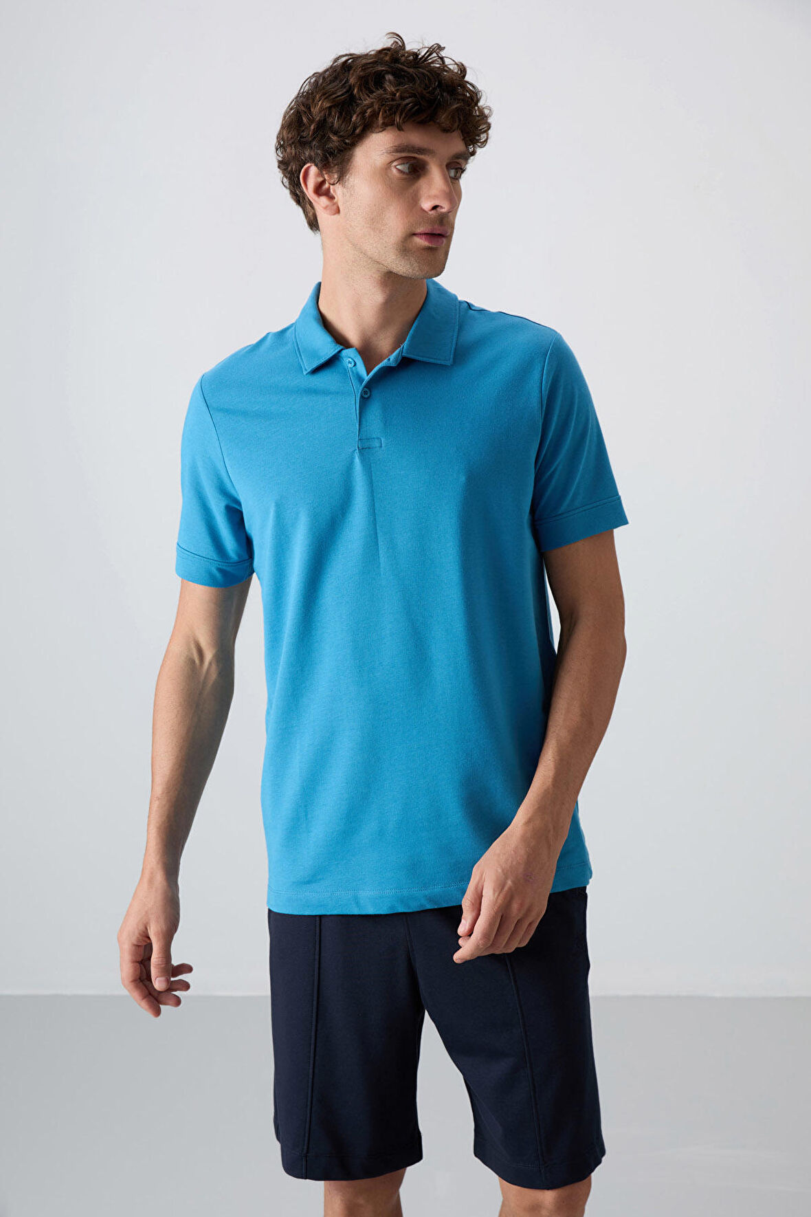 Petrol Mavi Pamuklu Kalın Yumuşak Dokulu Standart Fit Basic Polo Yaka Erkek T-Shirt - 88351 | S