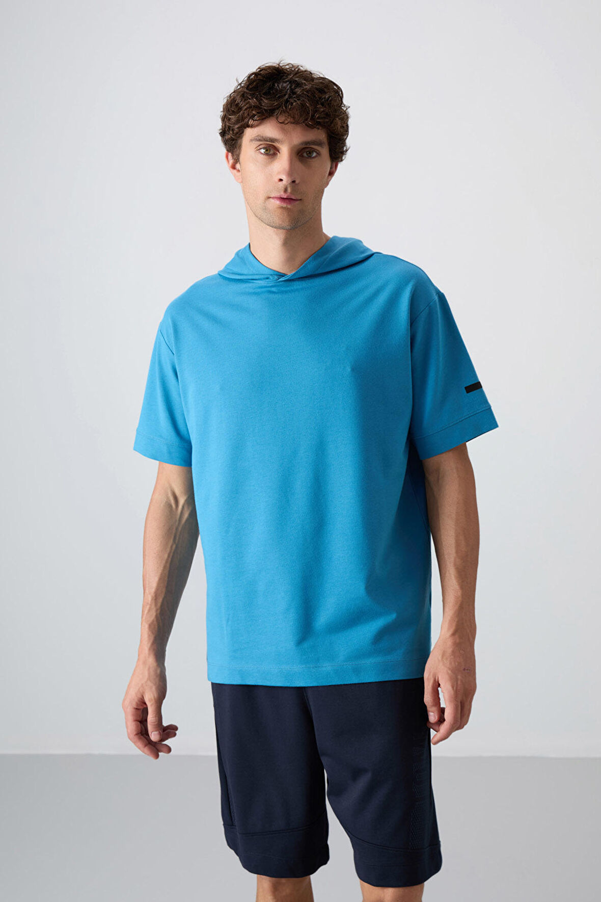 Petrol Mavi Pamuklu Kalın Yumuşak Dokulu Oversize Fit Basic Erkek T-Shirt - 88352 | L